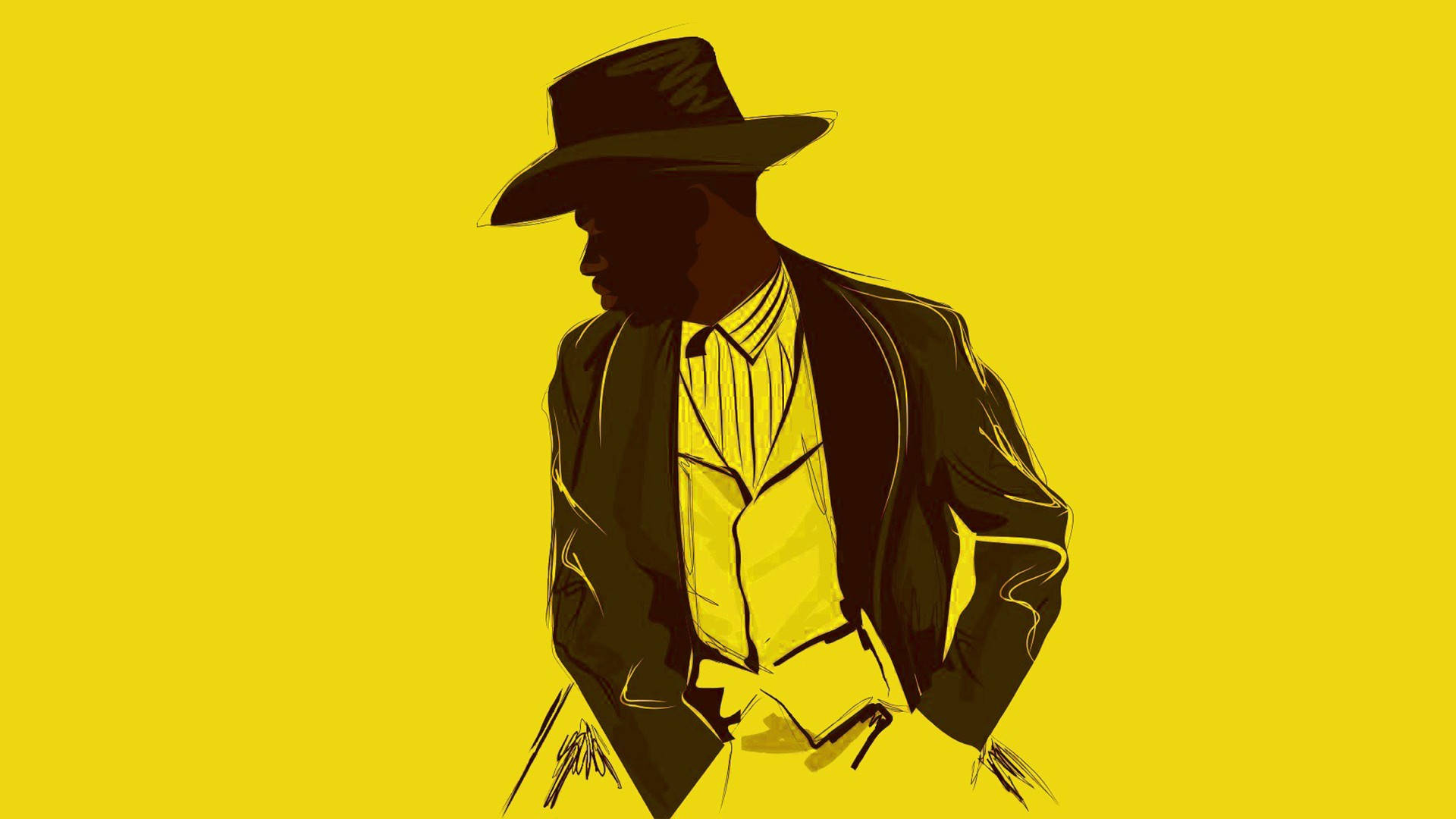 Lil Nas X 簡約線條藝術 壁紙 — 一個風格化的插圖，描繪一名戴牛仔帽、穿西裝的男子，背景為大膽的黃色。
