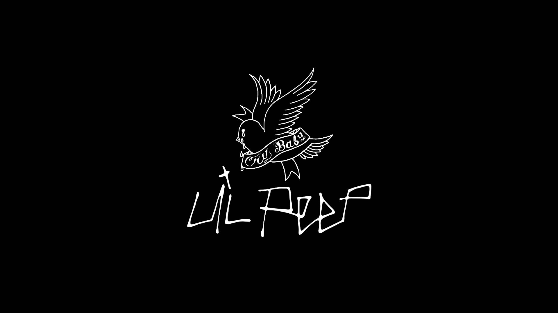 白色紋身風格鳥標誌，帶有「Cry Baby」橫幅和「Lil Peep」文字，黑色背景。