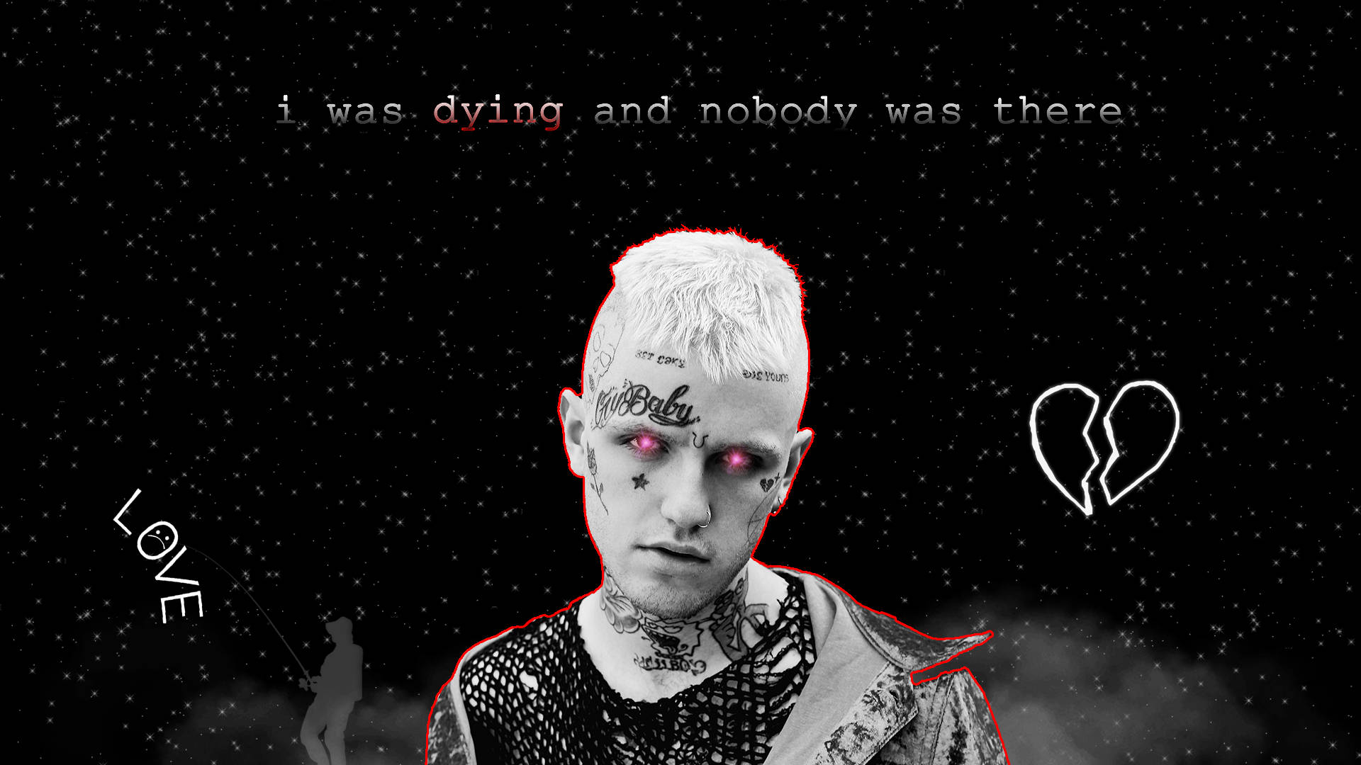 安息吧，Lil Peep 壁紙 — 一個有紋身的男人，發光的紅色眼睛，凝視著一個有星星的黑色背景，上面有文字和一個破碎的心圖案。