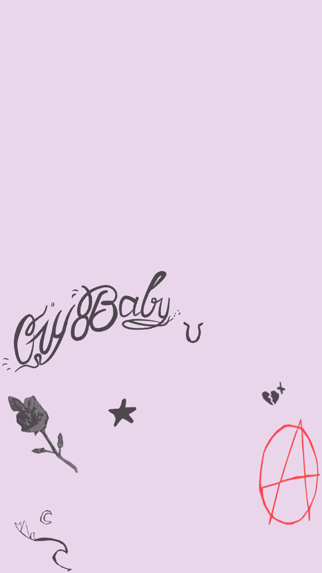 薰衣草背景，帶有「Cry Baby」文字及符號，包括玫瑰、星星、破碎的心和紅色無政府主義標誌。