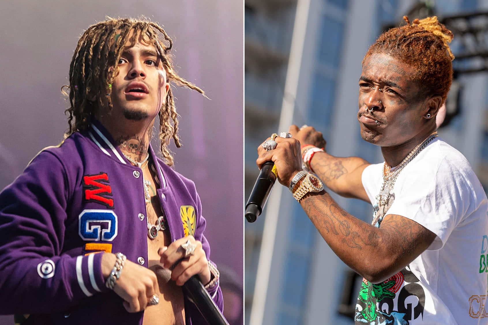 Lil Pump 舞台演出 壁紙 — 兩名男說唱歌手在舞台上表演，一人穿紫色外套，另一人穿白色T恤，兩人都手持麥克風。