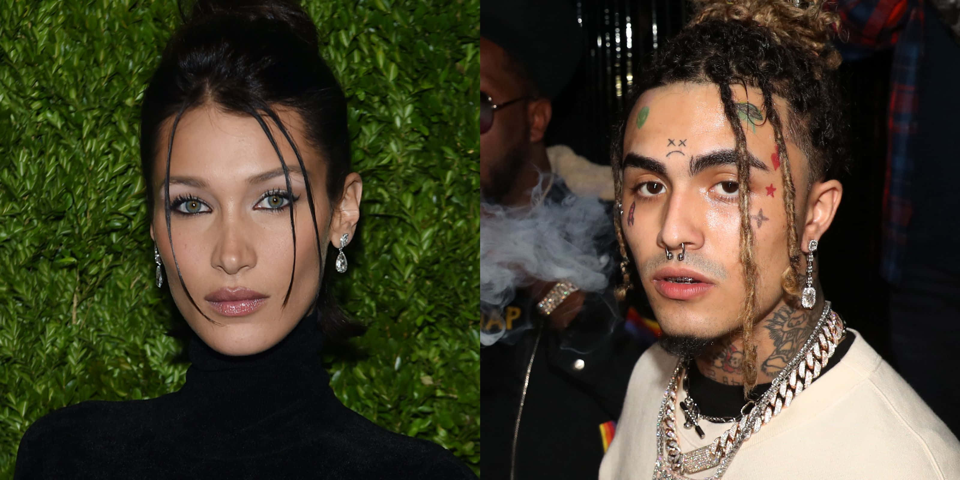 嘻哈藝人 Lil Pump 直視前方 壁紙 — Bella Hadid 身穿黑色高領毛衣，以綠色樹籬為背景的分割肖像，以及饒舌歌手 Lil Uzi Vert 在派對上塗著臉部彩繪和戴著鏈條。