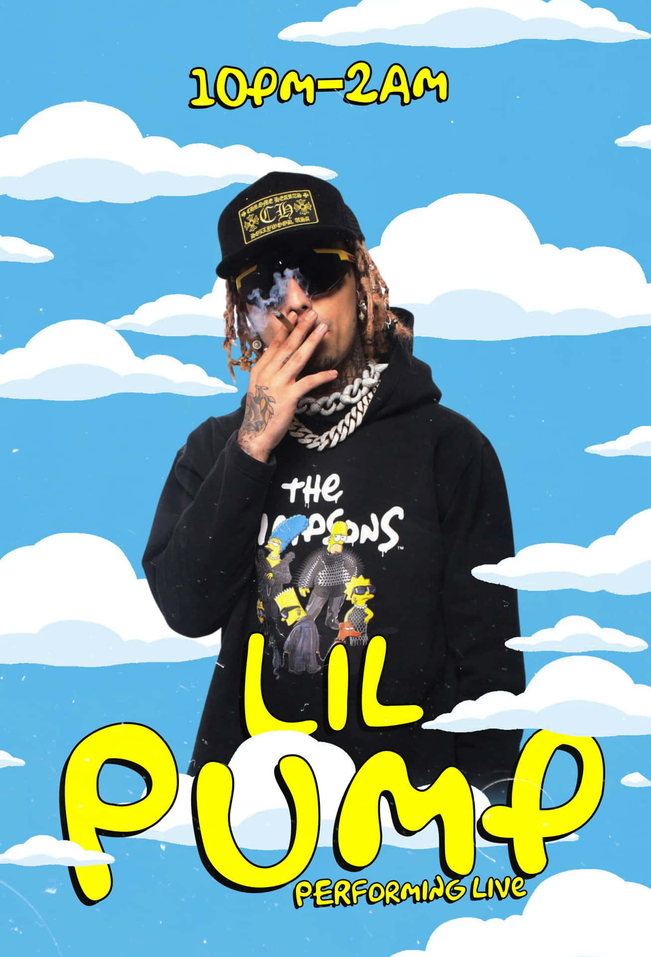 Lil Pump 在卡通天空下抽煙，附有表演時間文字。