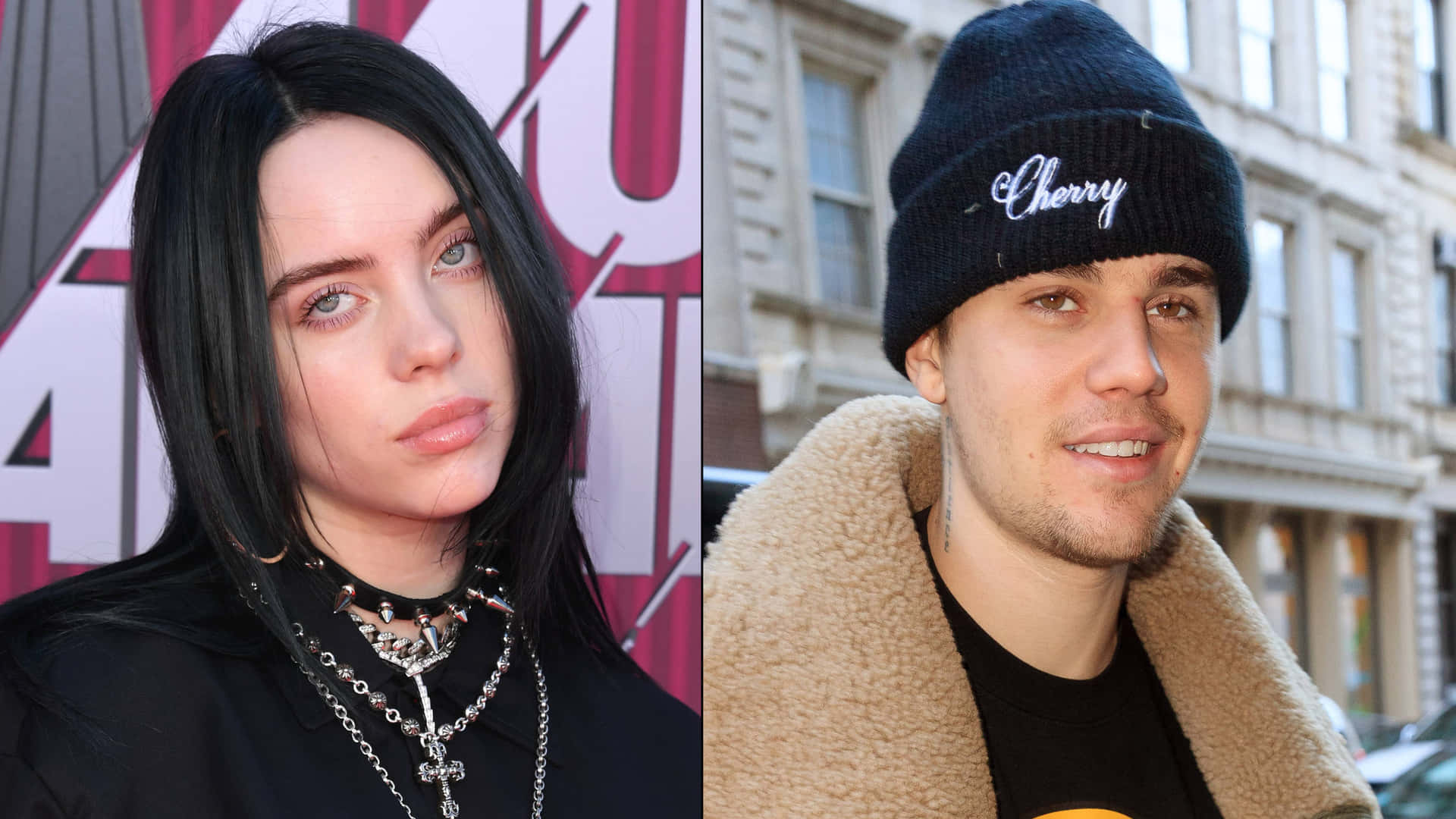 Billie Eilish 和 Justin Bieber 的街頭時尚肖像並排。