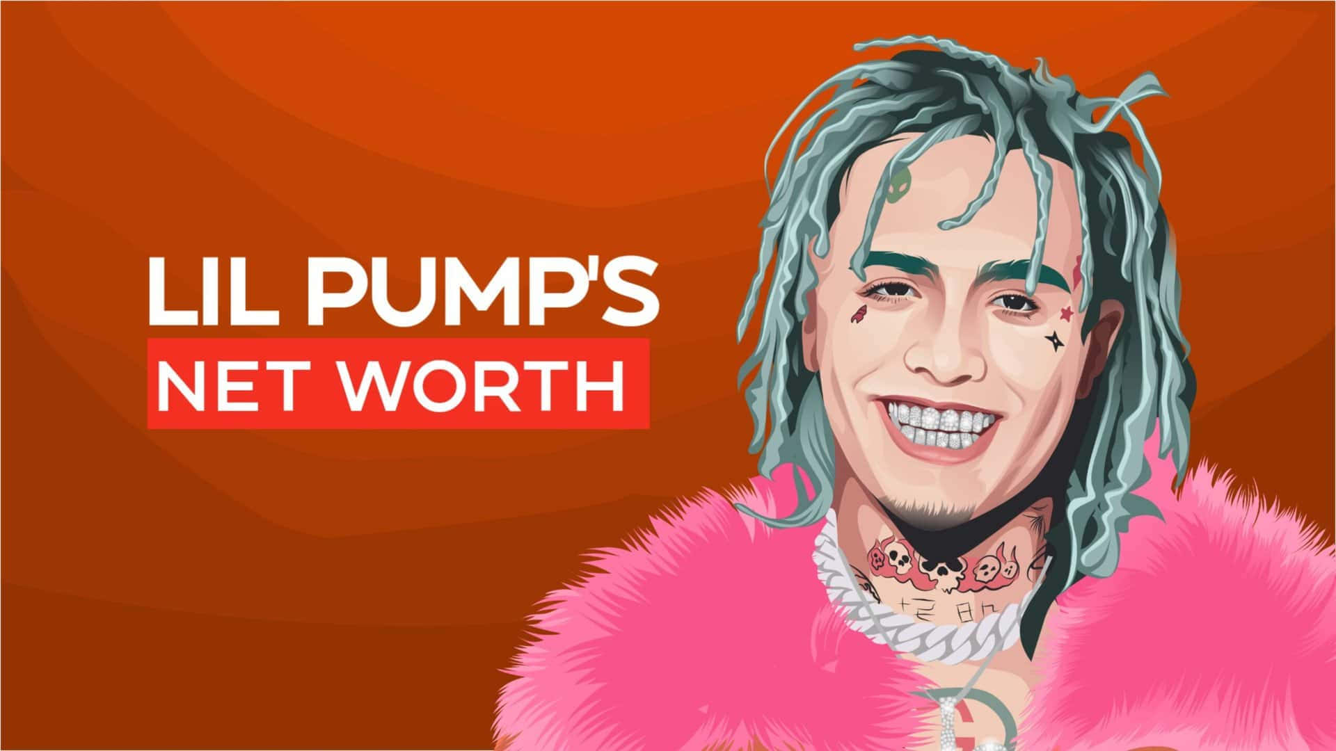 Lil Pump 穿著粉紅色毛皮大衣微笑，附有關於淨資產的文字。