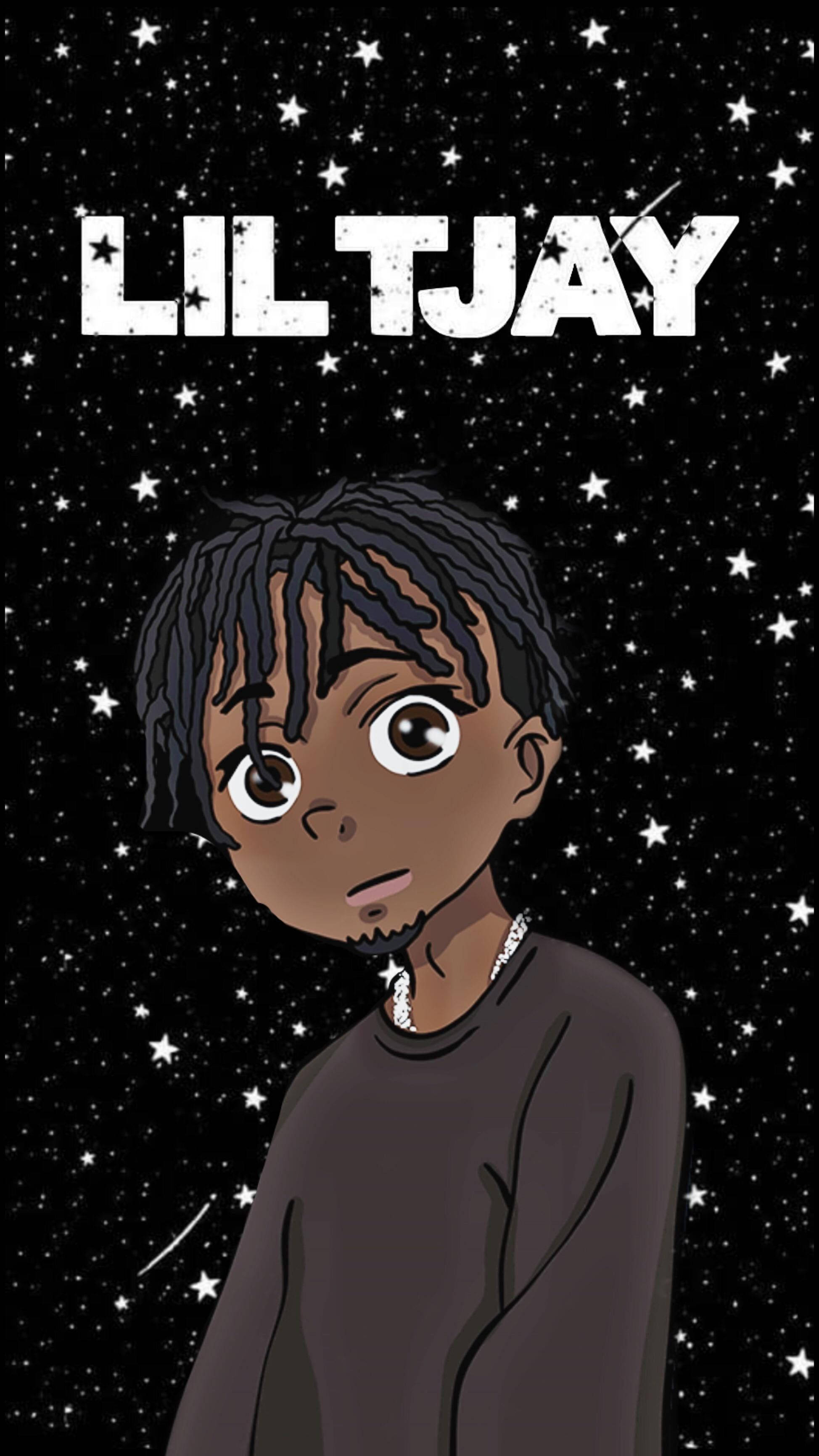 Lil Tjay 可愛數位藝術 壁紙 — Lil Tjay 的動漫風格肖像，背景是星空，他的名字以粗體白色文字呈現。