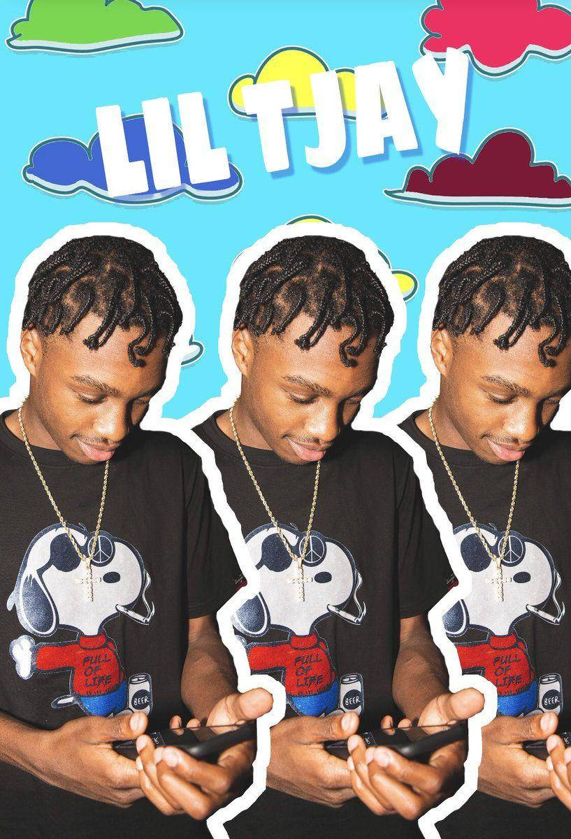 Lil Tjay 彩色數位藝術 壁紙 — 三個相同的 Lil Tjay 剪影，低頭看著手機，背景是明亮的藍天和色彩繽紛的卡通雲朵。