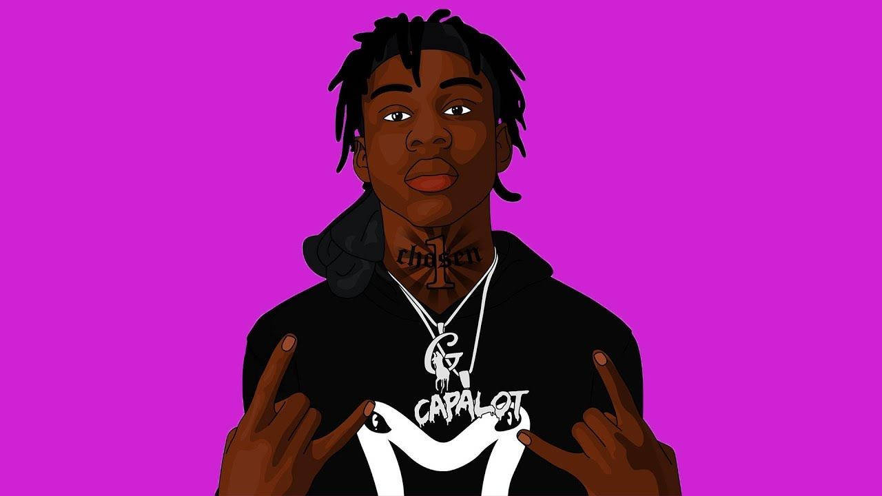 Lil Tjay 活力數位藝術 壁紙 — 一個風格化的數位插圖，描繪一位年輕黑人男性，梳著辮子頭，頸部有紋身，背景是充滿活力的紫色。