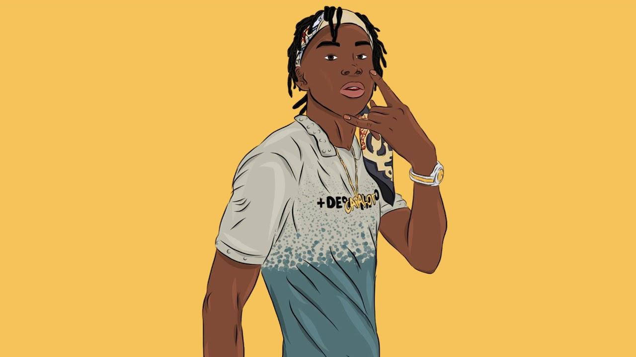 Lil Tjay 黃色卡通風 壁紙 — 一個風格化的插圖，描繪一位年輕男子留著辮子頭、戴著頭巾，在純黃色背景前自信地擺姿勢。