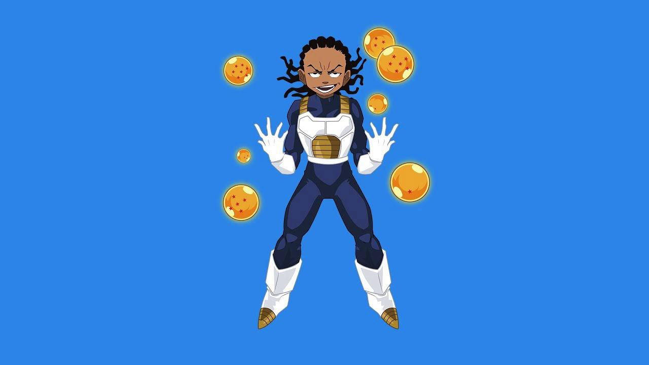 Lil Tjay 龍珠數位藝術 壁紙 — 一個自信的動漫角色穿著藍白西裝，漂浮在純藍色背景上，被發光的龍珠包圍。