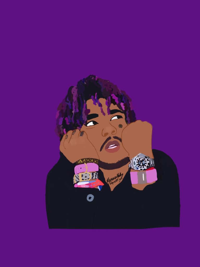 紫色背景的Lil Uzi卡通 壁紙 — 一個風格化的插圖，描繪一個捲髮男子將頭靠在手上，背景為純紫色。
