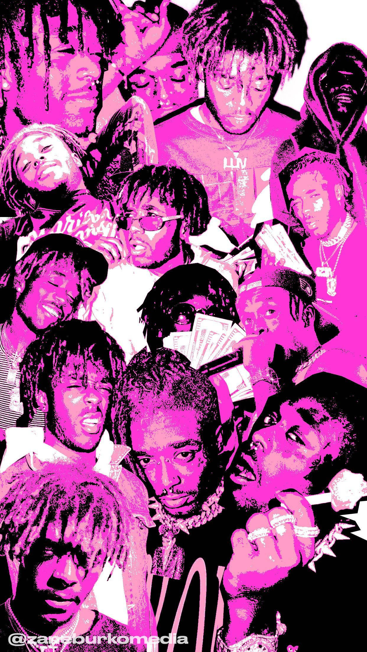 Lil Uzi Vert 以創意風格震撼觀眾 壁紙 — 充滿活力的粉紅色和黑色拼貼畫，多位說唱歌手以富有表現力的姿勢和鮮明的圖形風格呈現。