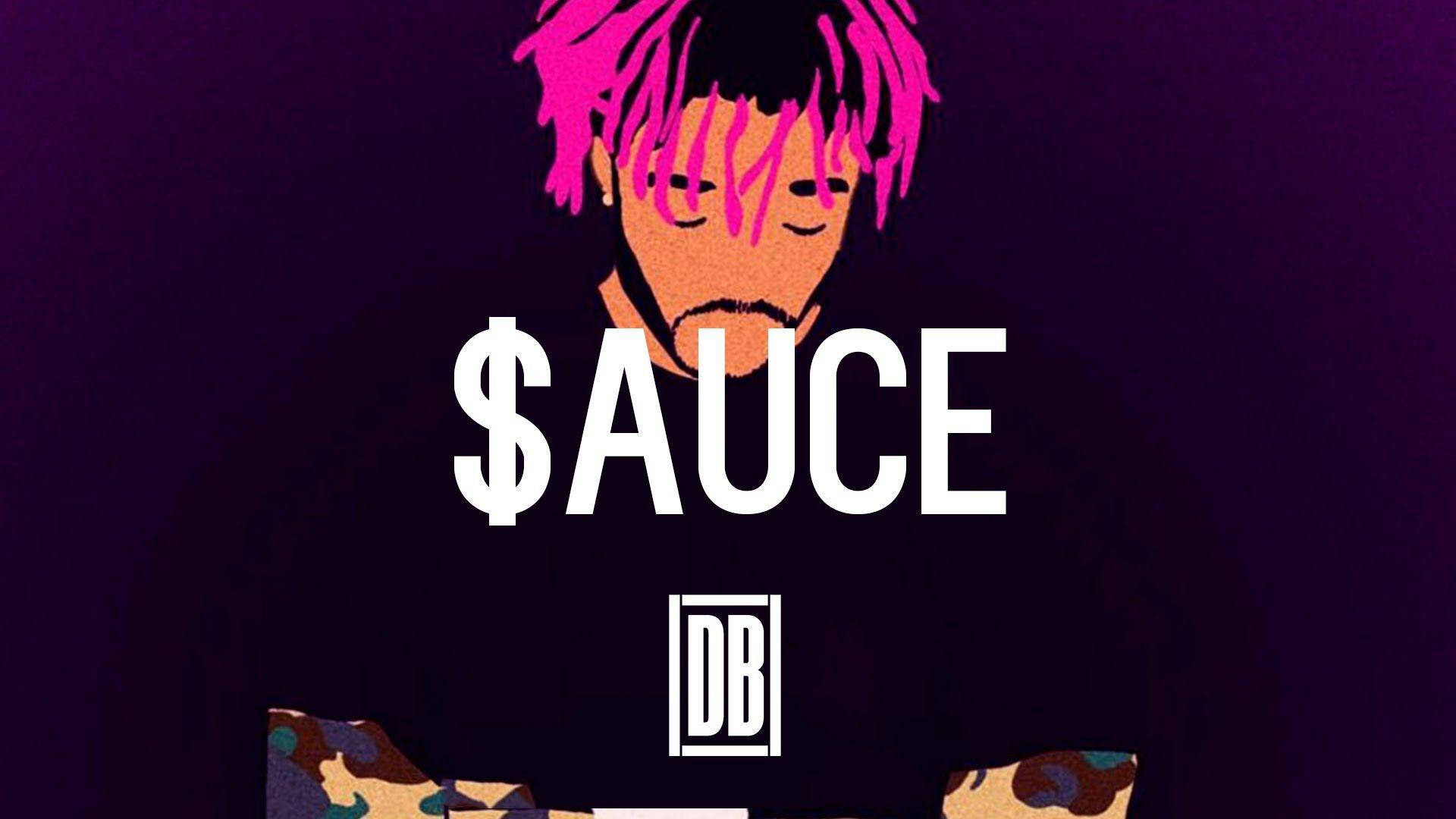 Lil Uzi Vert 演唱會動感表演壁紙 壁紙 — 一個風格化的數碼藝術肖像，人物擁有鮮豔的粉紅色頭髮，背景為深紫色，帶有粗體白色文字，寫著 $AUCE 和 DB。