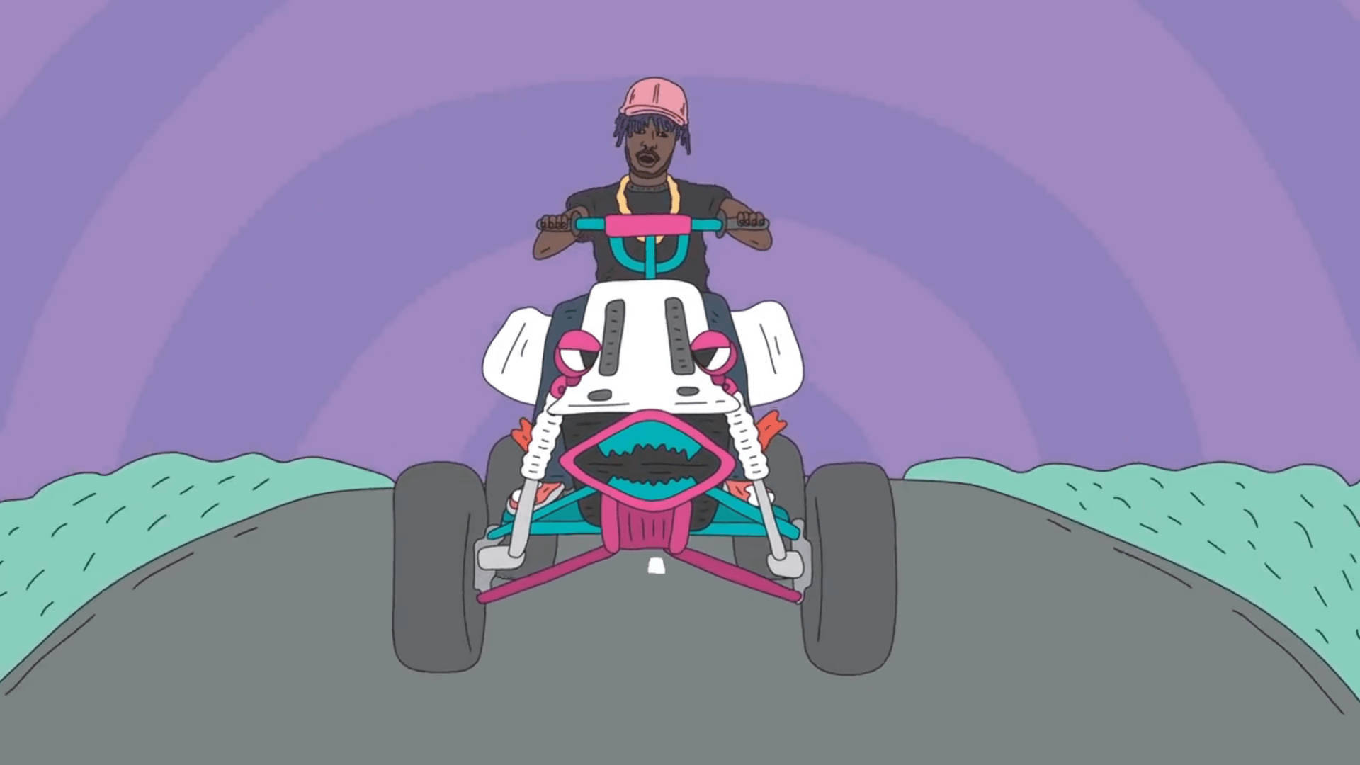 潮流造型的饒舌藝人 Lil Uzi Vert 壁紙 — 在紫色漸變天空下，一個風格化的人物騎著粉紅色和藍綠色的ATV行駛在灰色道路上。
