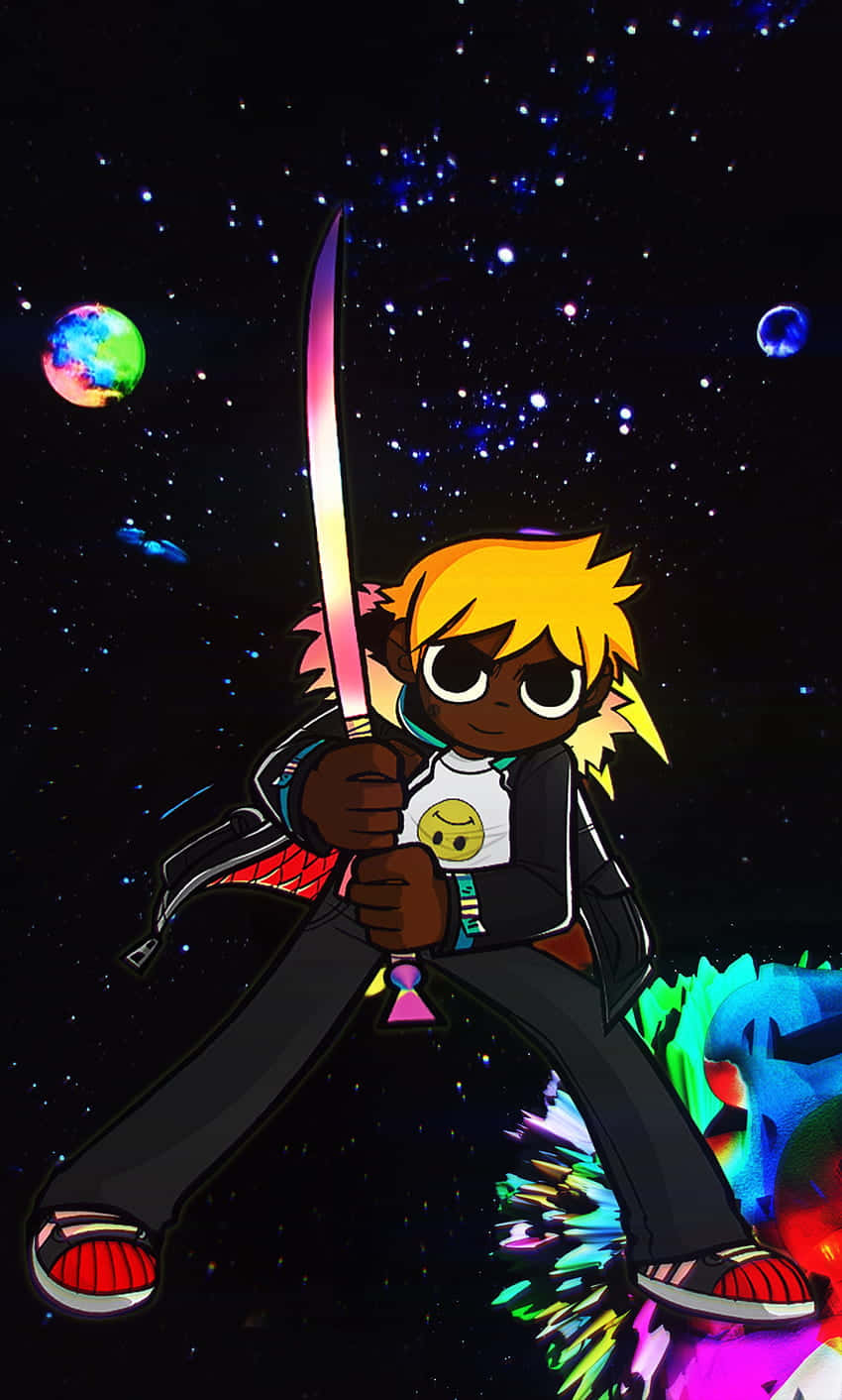 Lil Uzi Vert 的備受期待專輯《Eternal Atake》正式發行 壁紙 — 一個風格化的動漫角色，有著尖刺的黃色頭髮，在充滿色彩繽紛行星和星星的充滿活力的宇宙背景下揮舞著發光的劍。