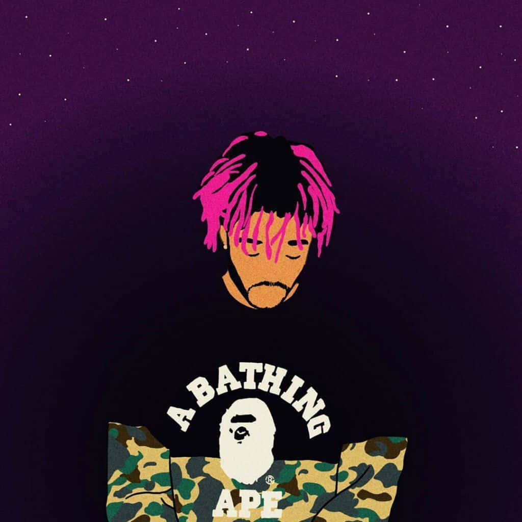 卡通饒舌歌手 Lil Uzi Vert 粉髮造型 壁紙 — 一個風格化的人物，粉紅色頭髮，閉著眼睛，在星空紫色夜空背景下，穿著迷彩外套，內搭A Bathing Ape T恤。