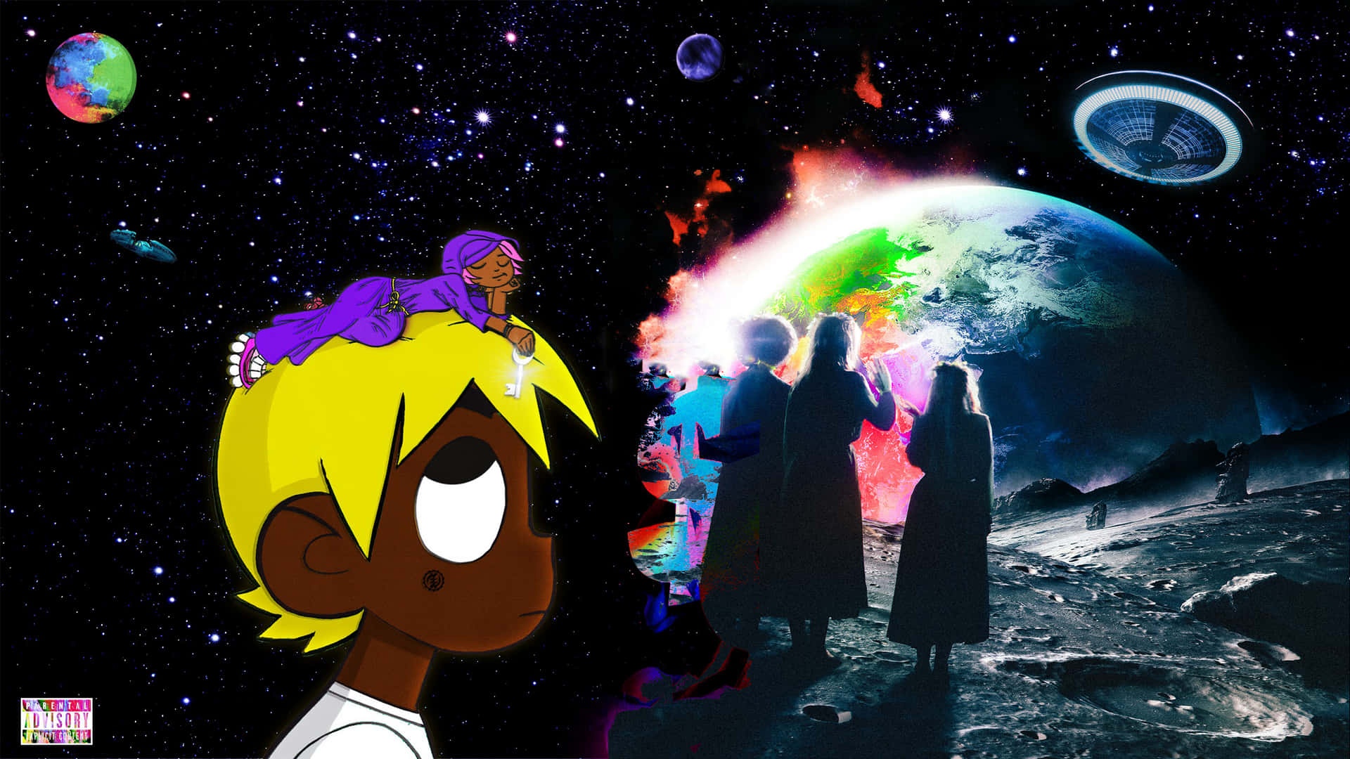 卡通男孩頭上頂著女孩，在太空中觀看發光行星附近的UFO。