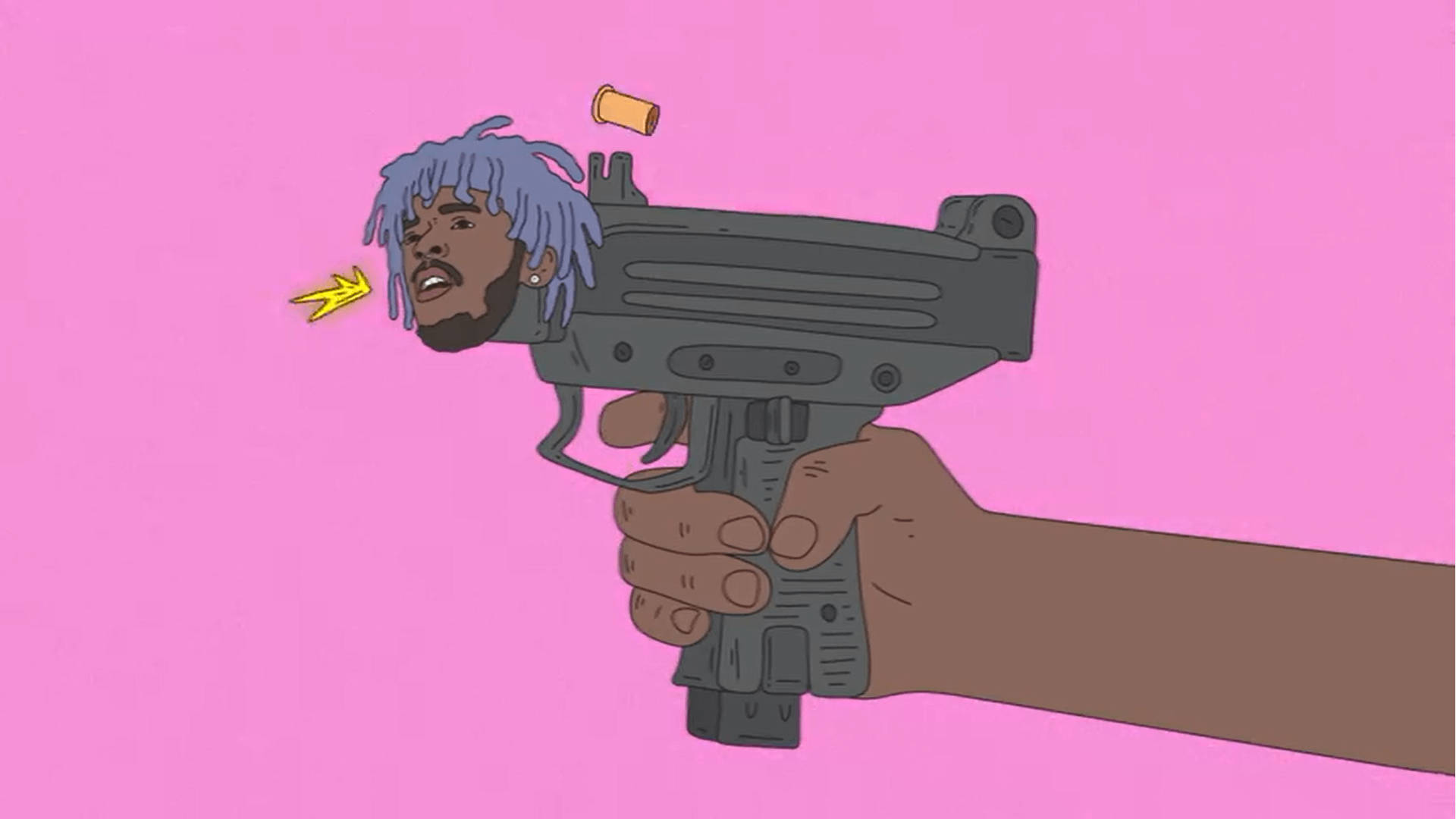 一隻手握著槍，槍管中射出一個男人的頭。