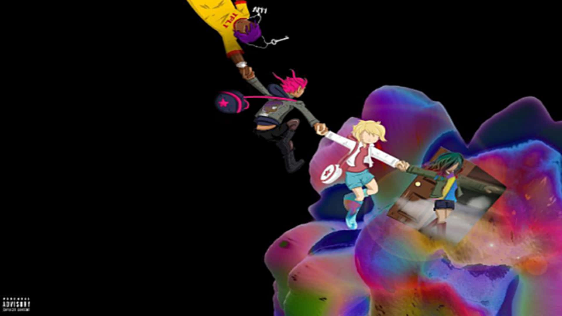 聆聽Lil Uzi Vert的《Eternal Atake》 壁紙 — 鮮豔的動漫角色在漆黑的背景上跳過旋轉的彩虹雲。