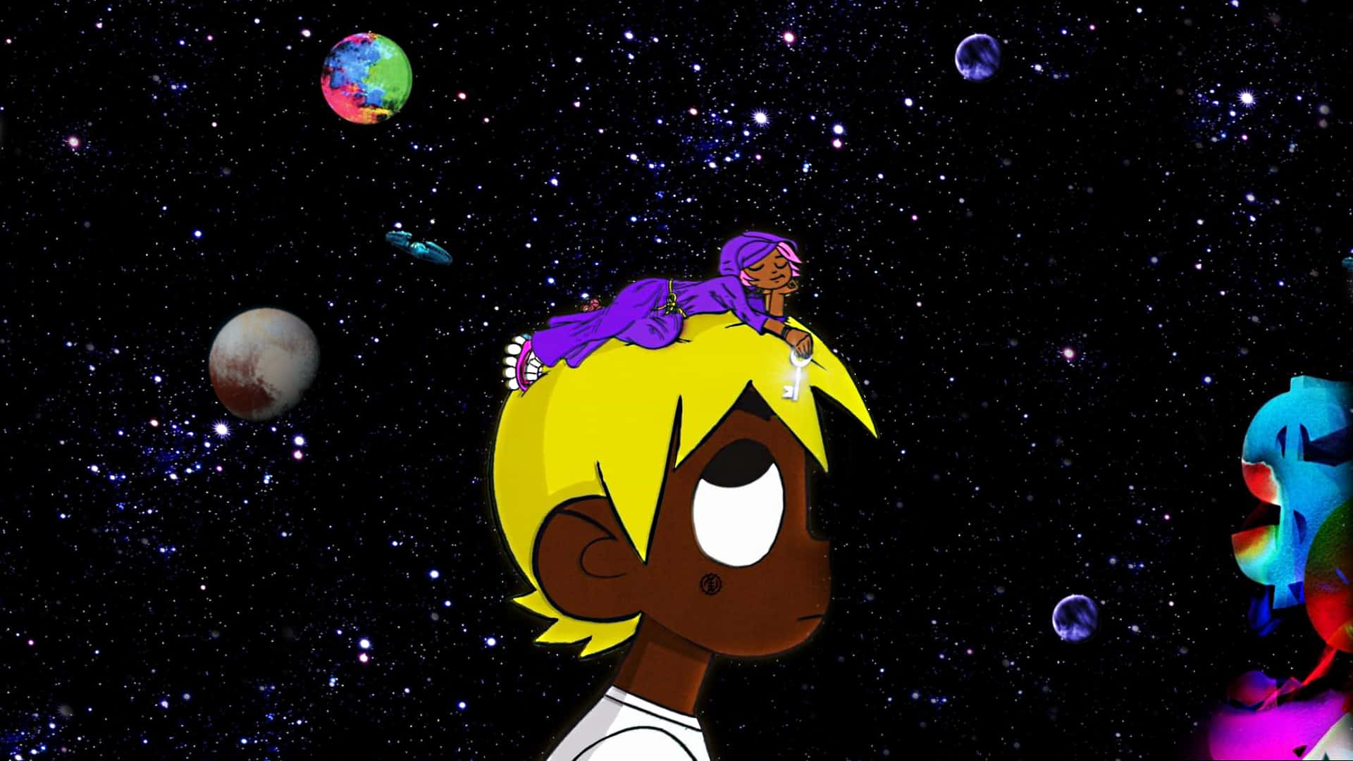 一個黃色頭髮的男孩仰望星星，一個紫色頭髮的女孩坐在他的頭上，周圍是漂浮的行星。