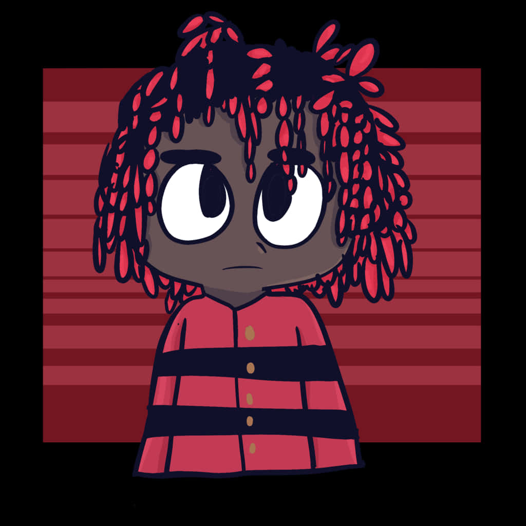 穿條紋服裝的 Lil Uzi 卡通角色 壁紙 — 一個深色皮膚、紅色尖端的捲髮卡通人物，穿著紅黑間條襯衫，背景是紅色間條。