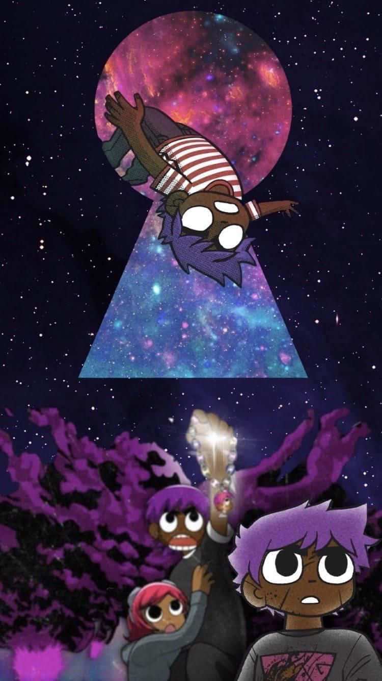 三個紫髮小孩在帶有宇宙鎖眼的星空下拿著一個發光物體。