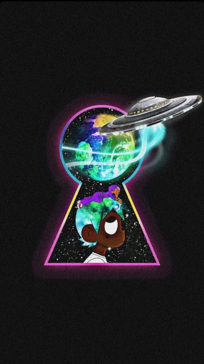 卡通角色透過發光的鑰匙孔看著地球上的UFO。