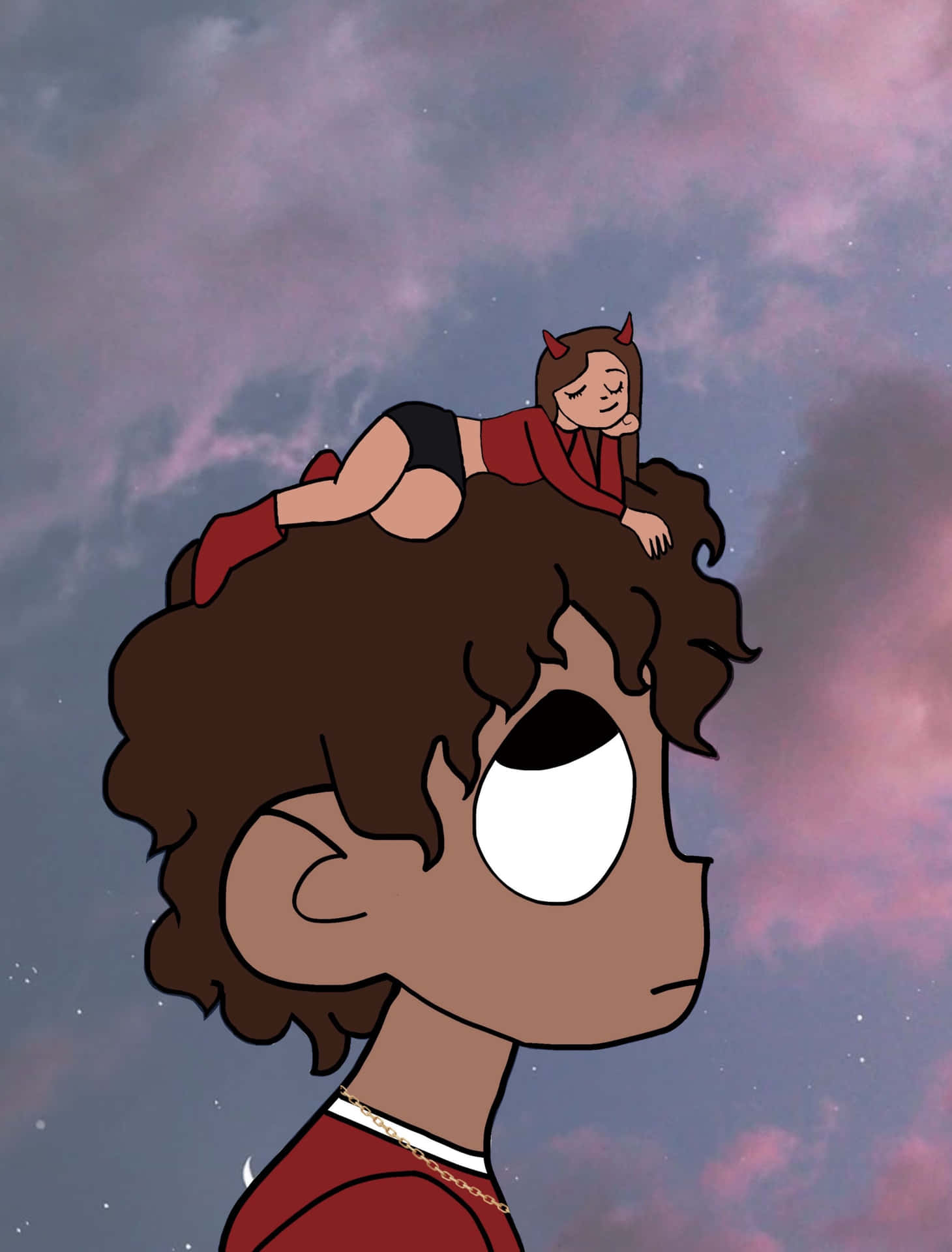 一個卡通惡魔女孩在星空下休息在一個男孩的頭上。
