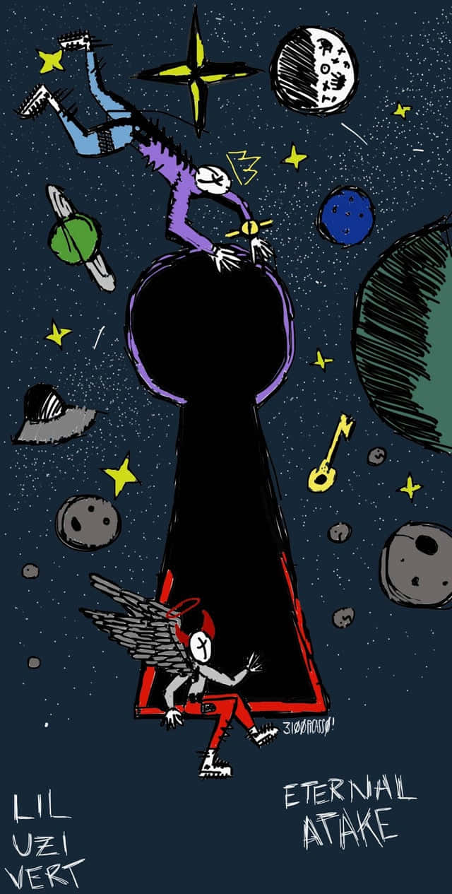 太空中的卡通鑰匙孔，有翼人物和行星。