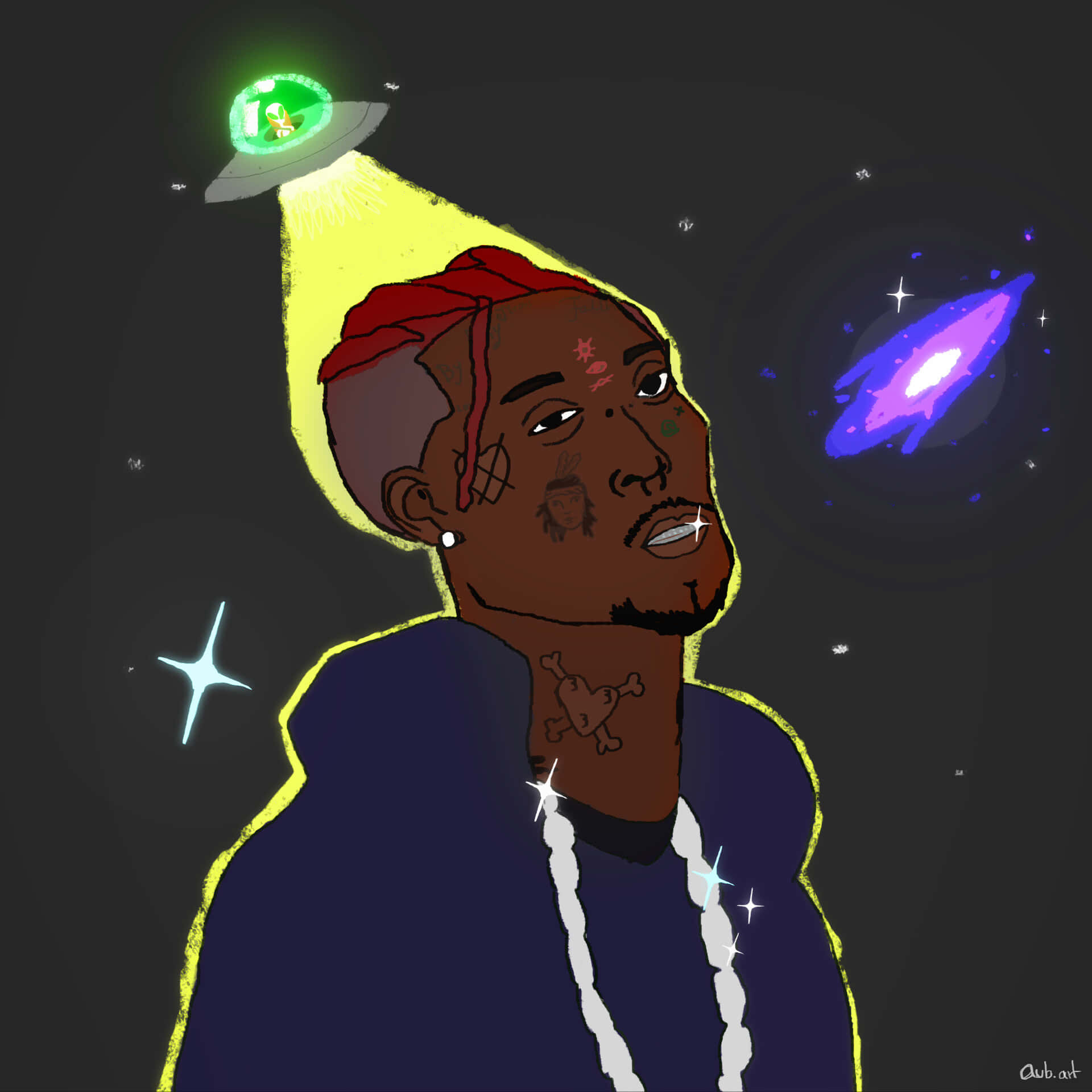 在繁星太空中，UFO光束下的紋身辮子男子。