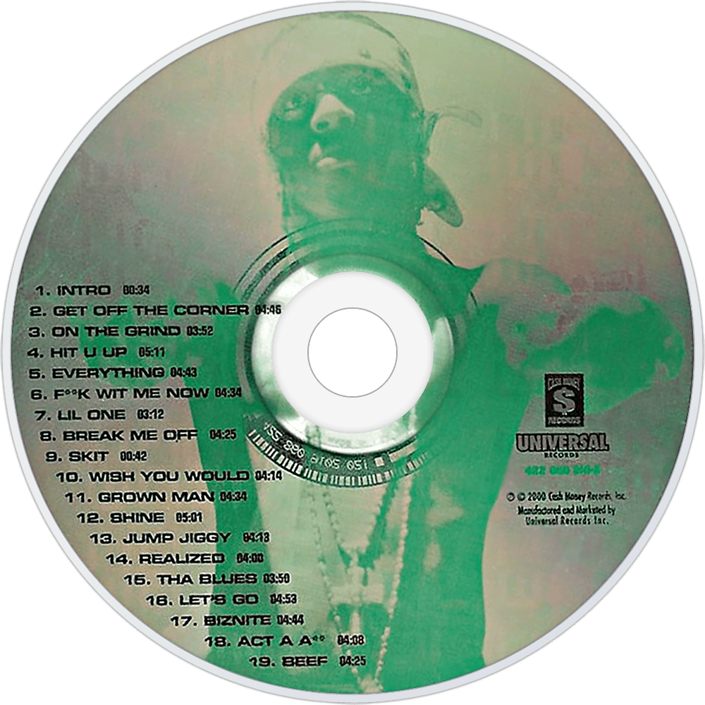 Lil Wayne C D 試聽清單 壁紙 — 一張帶有綠色調的CD，表面印有褪色的說唱歌手肖像和曲目列表。