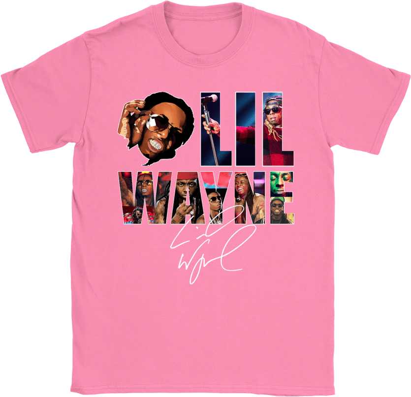 Lil Wayne 粉紅T恤拼貼圖案 壁紙 — 一件充滿活力的粉紅色T恤上，Lil Wayne的標誌性圖像拼貼形成他的名字，下方有白色簽名。