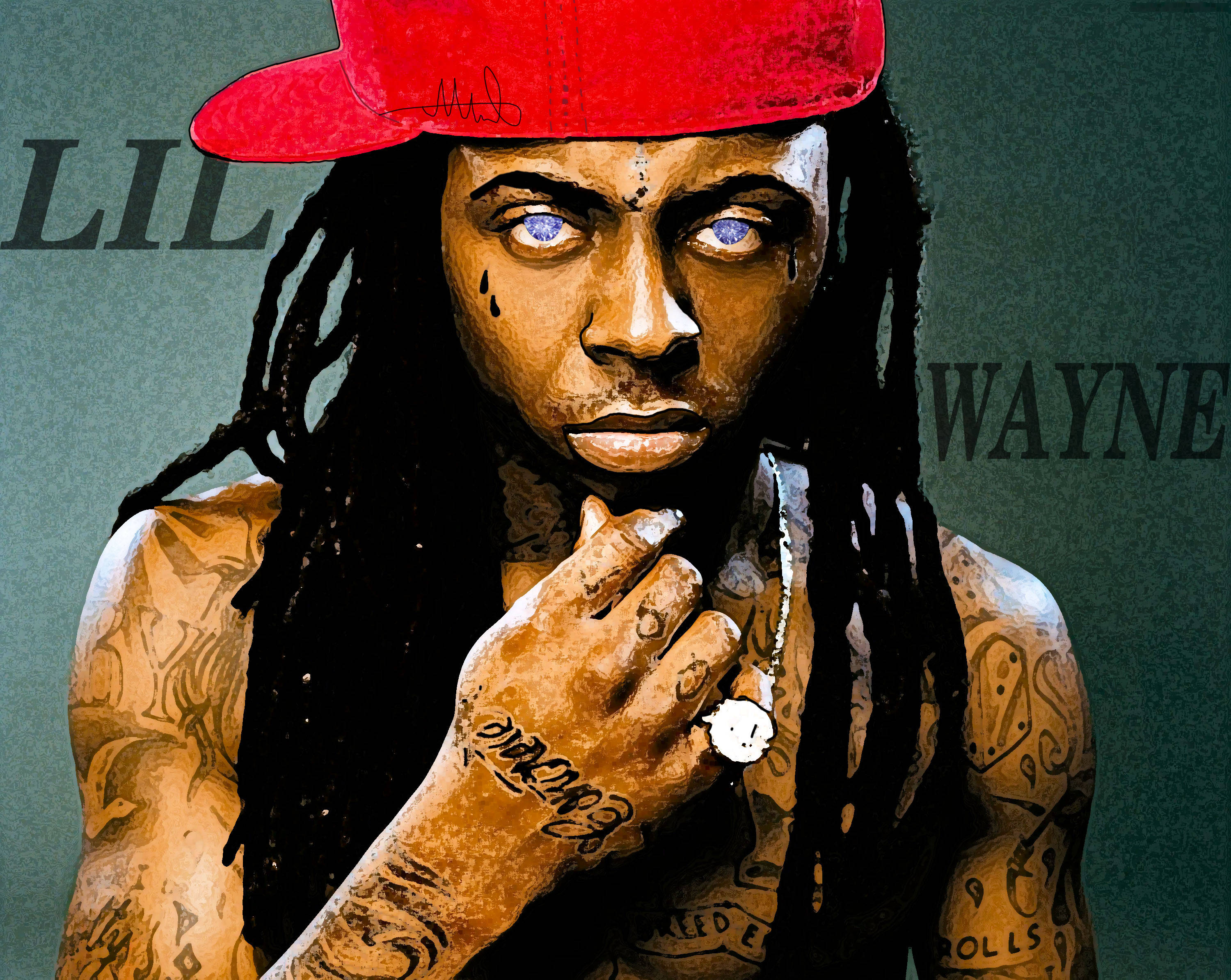 Lil Wayne 數位藝術 壁紙 — Lil Wayne 的風格化肖像，戴著紅色帽子，藍色眼睛發光，有紋身，背景是柔和的綠色，並有他的名字。