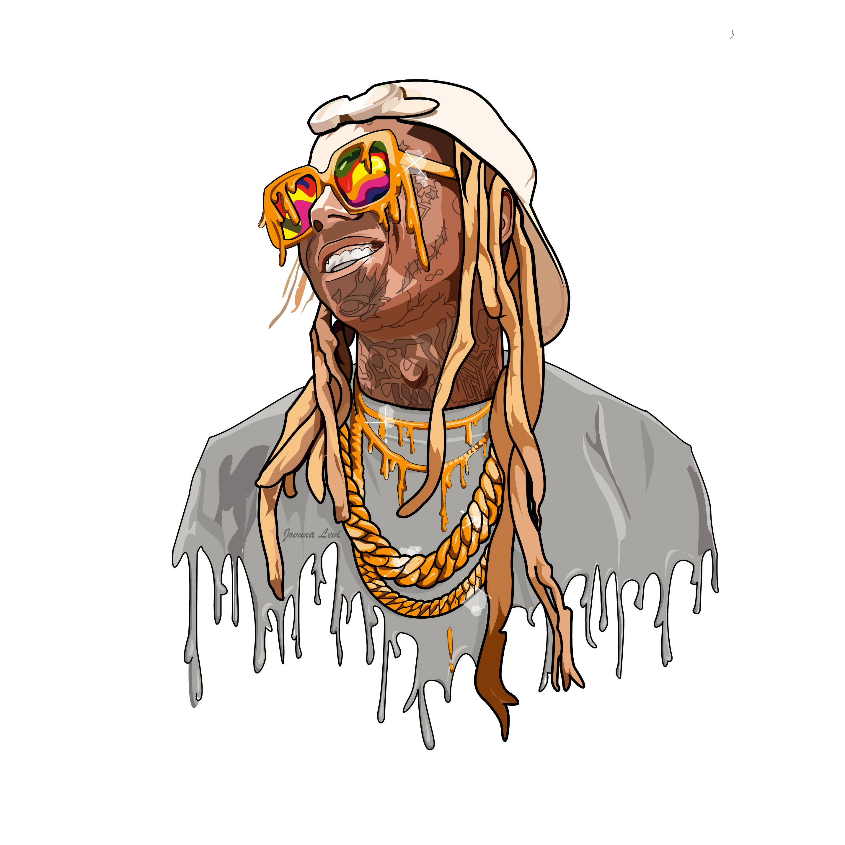 Lil Wayne 數位藝術 壁紙 — 一個風格化的插圖，描繪一個微笑的辮子男人，戴著彩虹太陽眼鏡和滴落的金鏈，背景為白色。