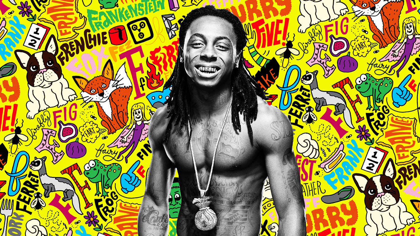 Lil Wayne 漫畫風 壁紙 — 一個微笑的男人，留著辮子頭和紋身，站在充滿卡通動物和彩色文字的鮮黃色背景前。