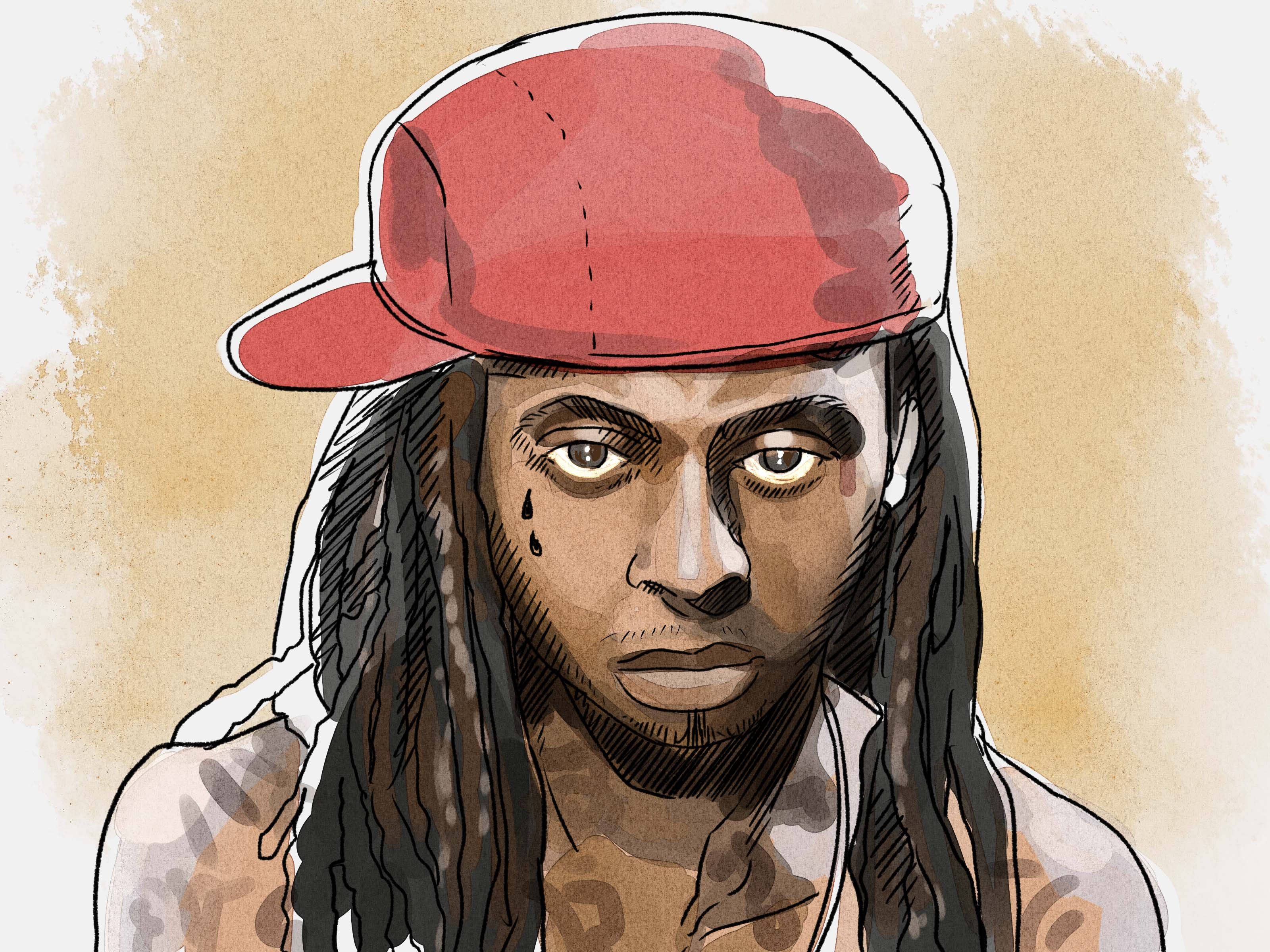 Lil Wayne 粉絲創作 壁紙 — 一個帶有辮子和紅色帽子的男人的風格化插圖，在溫暖的米色背景下，他凝視著，一滴眼淚從他的眼睛落下。
