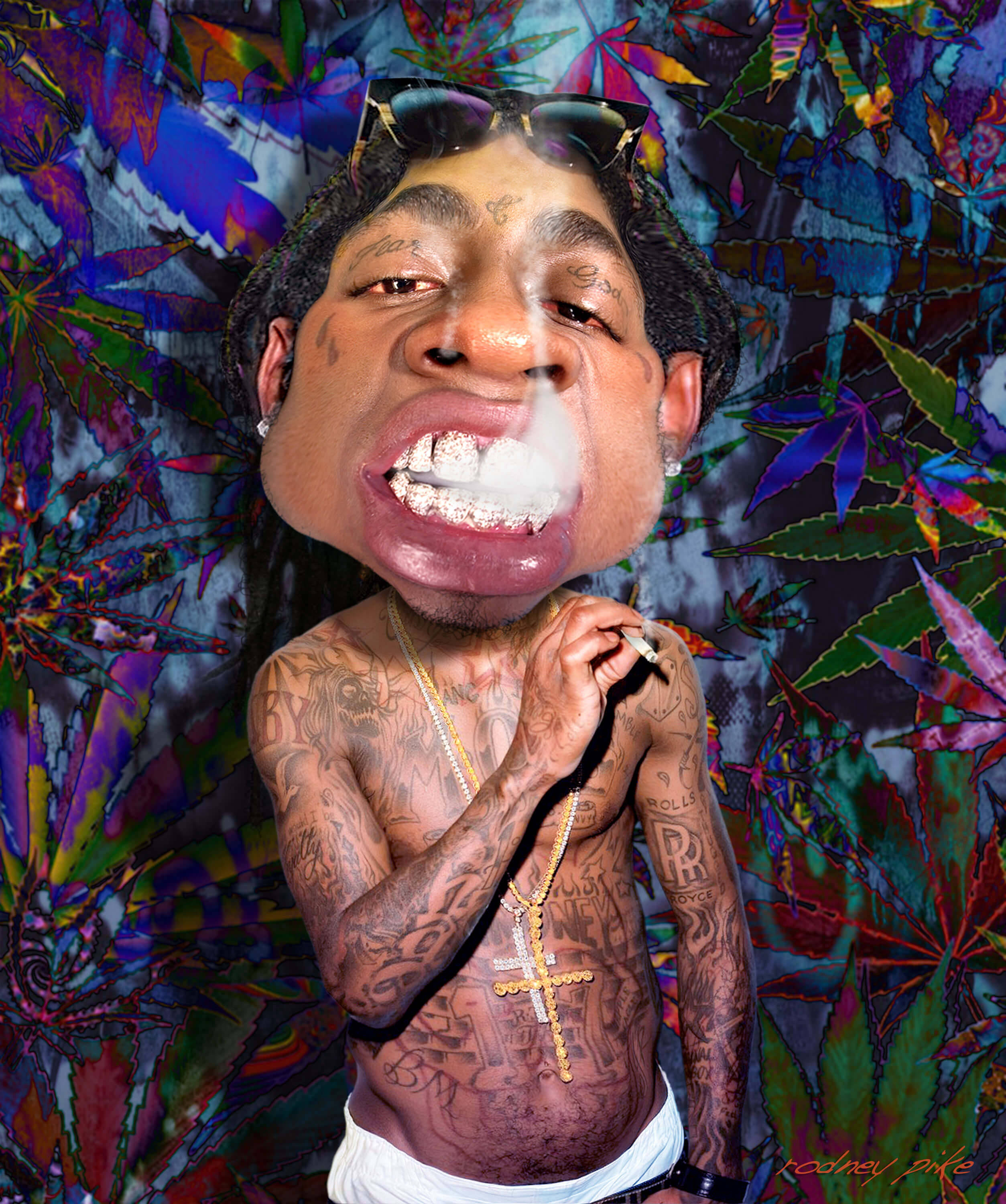 Lil Wayne 舞台熱唱 壁紙 — 一個超風格化的紋身男子肖像，在迷幻的大麻葉背景下呼出煙霧。