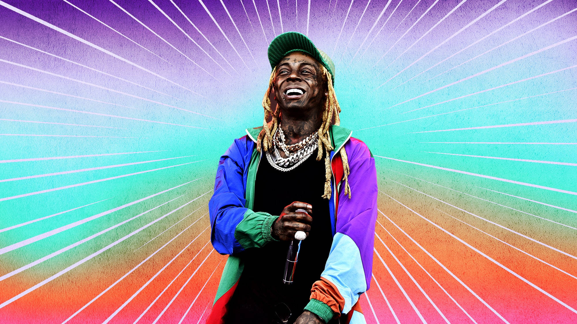 Lil Wayne 色彩背景 壁紙 — 一個充滿活力的數碼肖像，描繪一位微笑的男子穿著色彩繽紛的夾克，在光芒四射的漸變背景前手持麥克風。