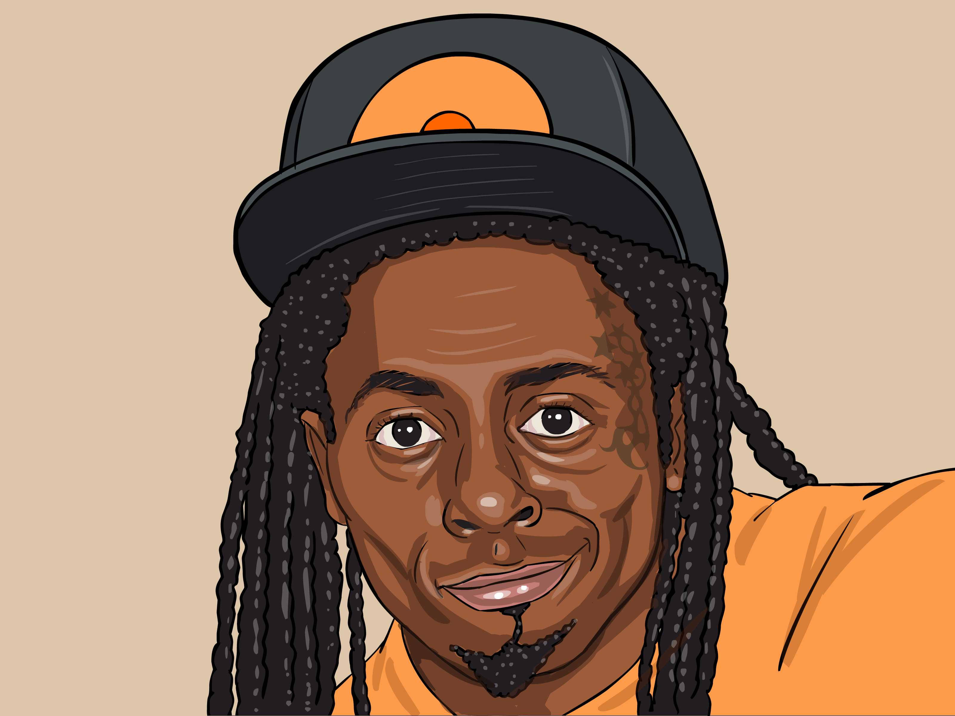 Lil Wayne藝術畫像 壁紙 — 一個微笑的辮子男生的鮮豔數位插圖，戴著黑色帽子，穿著橙色襯衫，背景是米色。