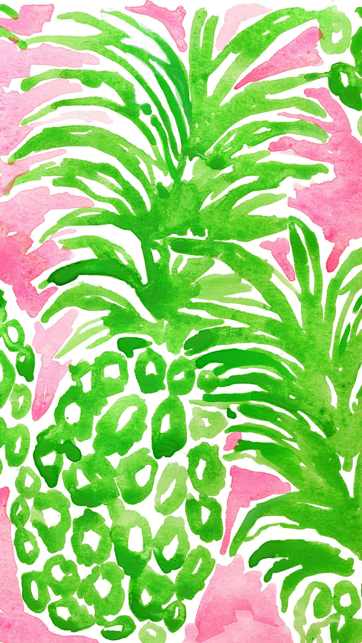 Lilly Pulitzer iPhone 綠色鳳梨 壁紙 — 充滿活力的水彩菠蘿，搭配大膽的綠色葉子和粉紅色背景，呈現熱帶圖案。