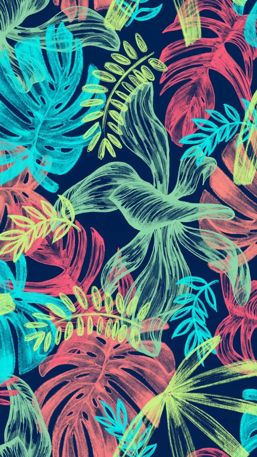Lilly Pulitzer iPhone 葉片圖案 壁紙 — 充滿活力的霓虹熱帶葉子，以粉紅色、藍綠色和青檸綠色在深海軍藍背景上形成大膽圖案。
