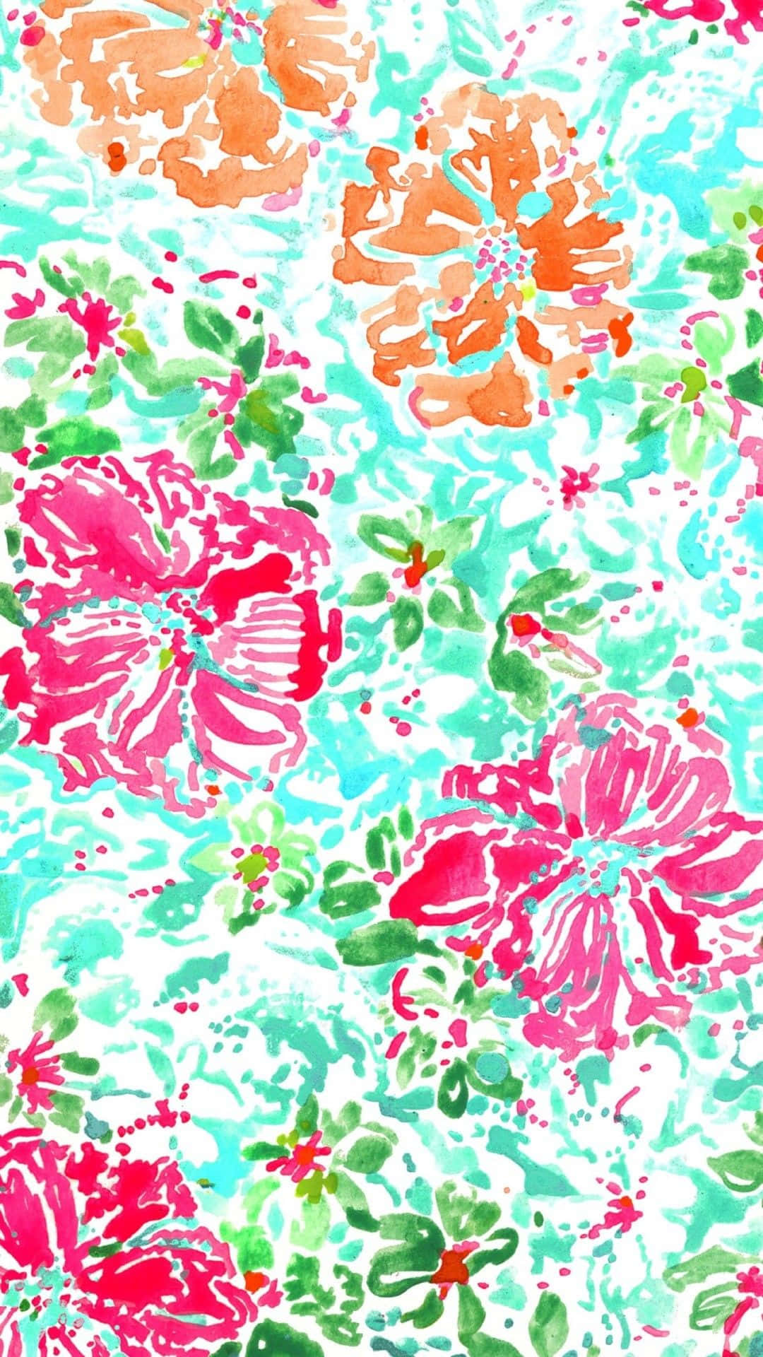 Lilly Pulitzer iPhone 花卉圖案 壁紙 — 充滿活力的水彩花卉圖案，帶有粉橙色花朵和綠色葉子，背景為藍綠色。