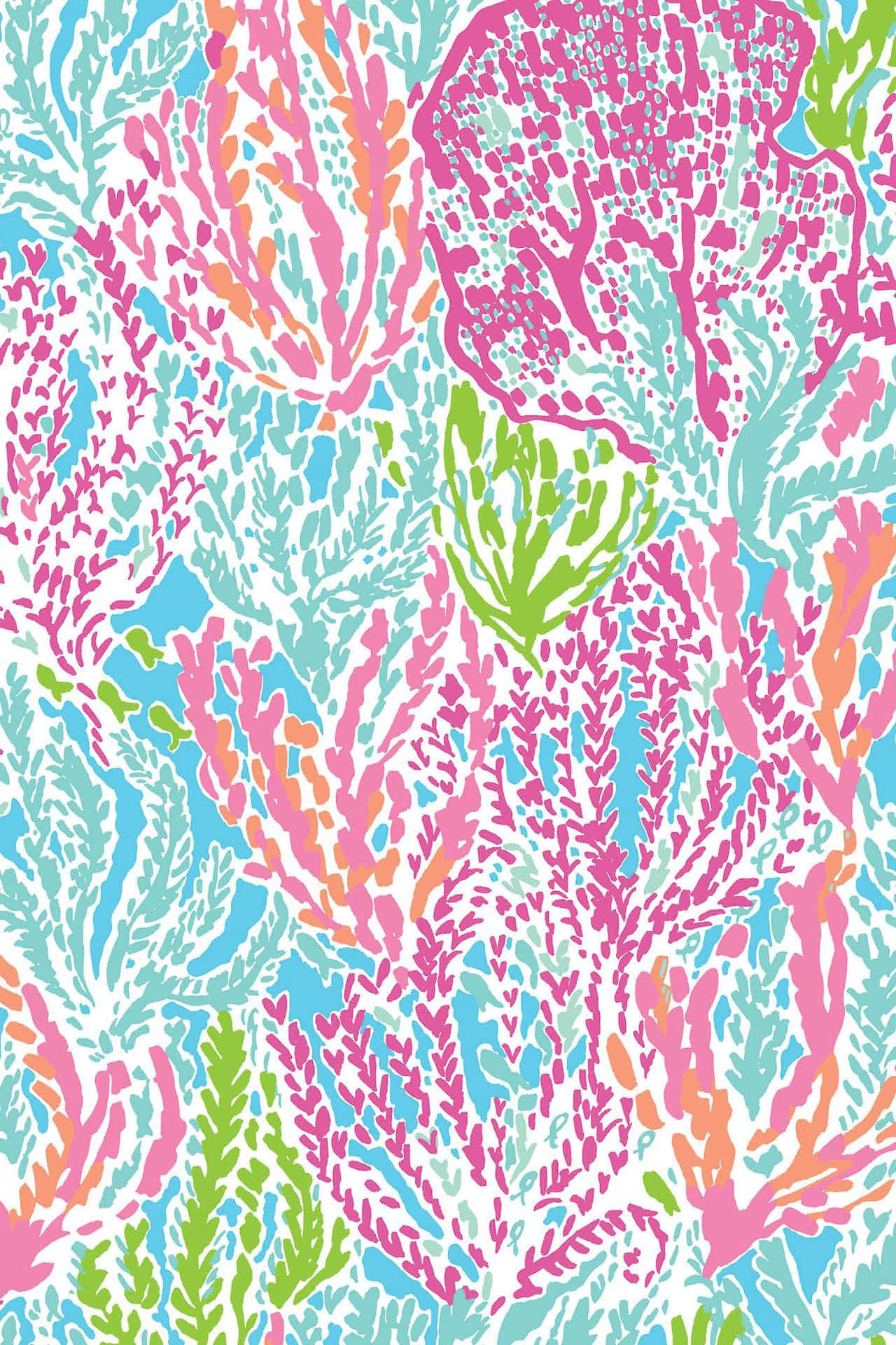 為衣櫥增添一抹Lilly Pulitzer時尚風采 壁紙 — 粉紅、綠色和藍色嘅鮮豔珊瑚礁圖案，白色背景上帶有風格化嘅分支形態。