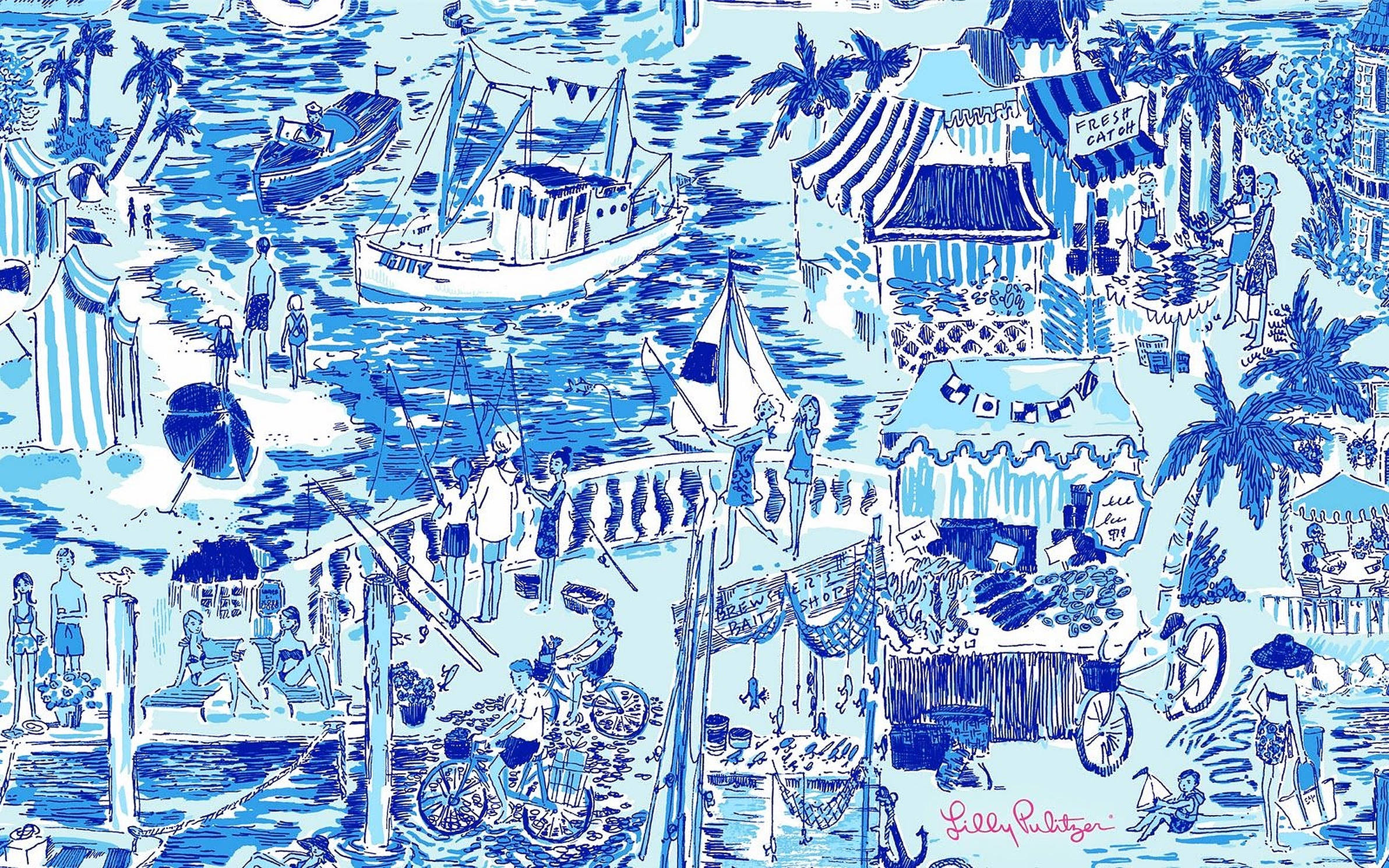 Lilly Pulitzer 藍色城市風景 壁紙 — 充滿活力的藍白插圖海灘場景，有帆船、棕櫚樹和享受海邊活動的人們。