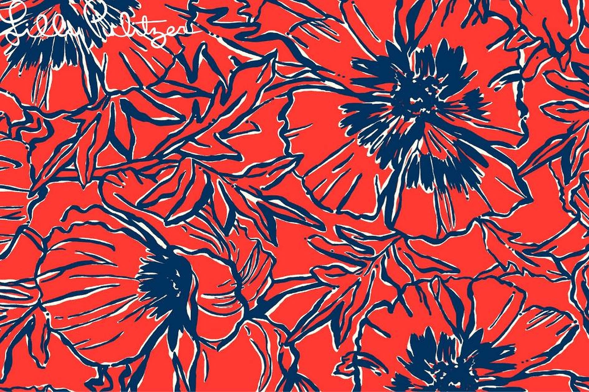 紅色和藍色花卉圖案，帶有輪廓花瓣和葉子。