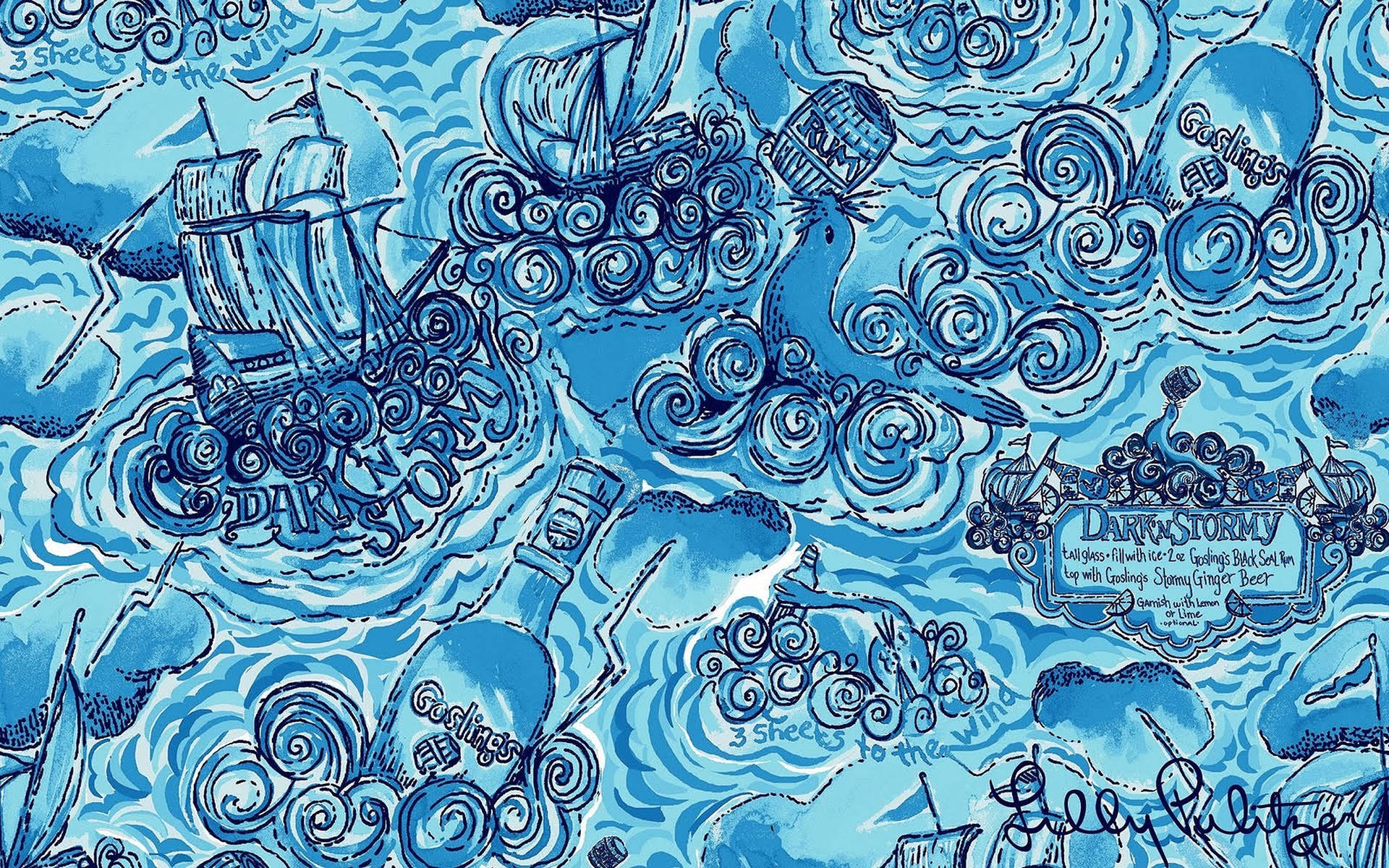海盜船和瓶子在旋轉的藍色海浪中漂浮，並帶有俏皮文字。
