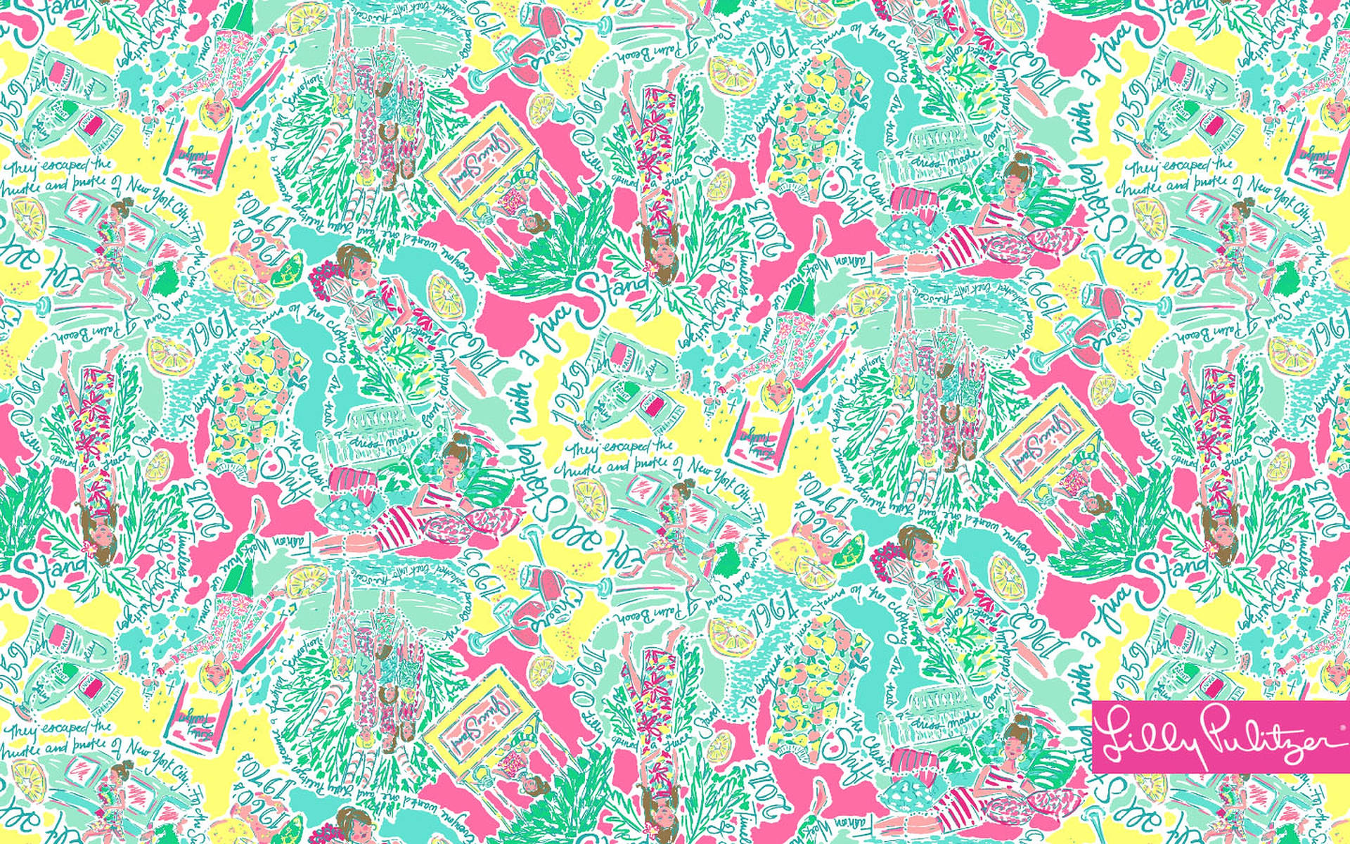 色彩繽紛的 Lilly Pulitzer 圖案，包含女孩、柑橘和花卉設計。