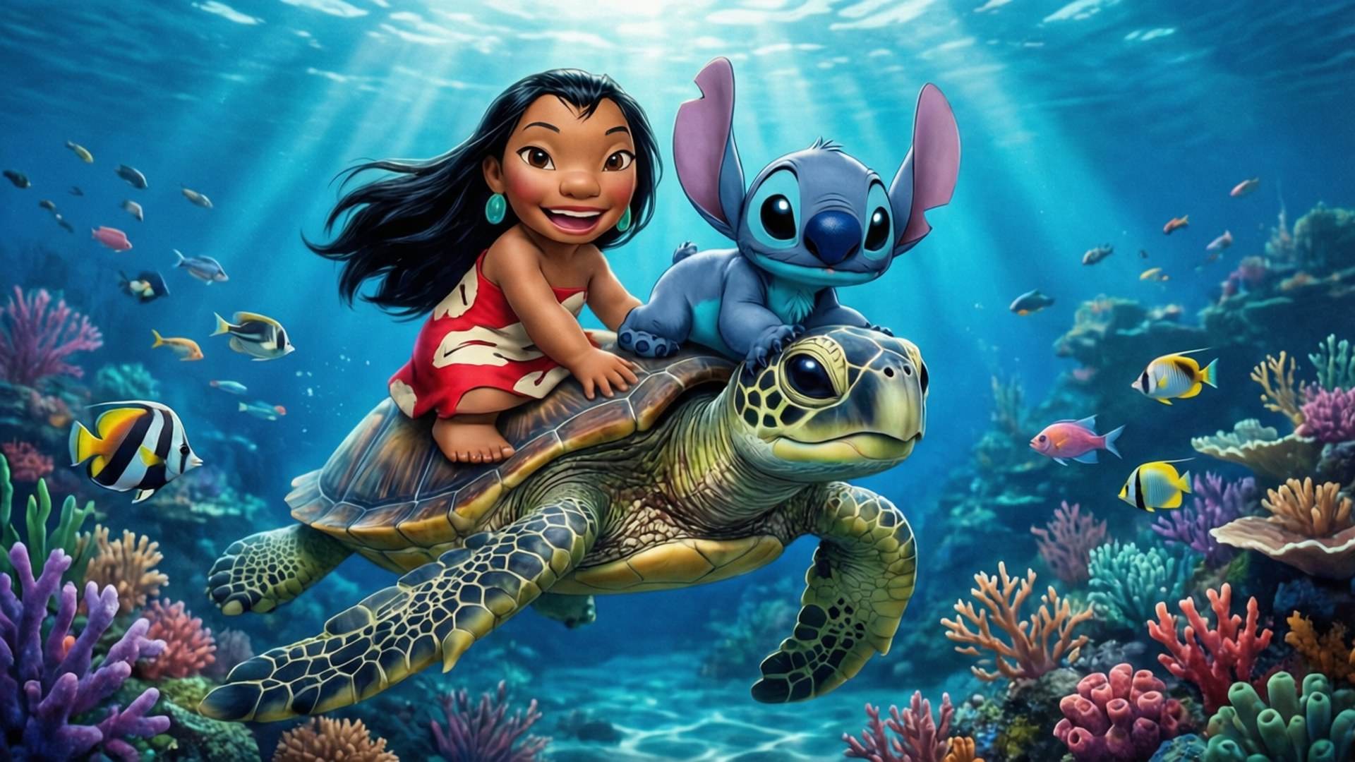 桌布 壁紙 — Lilo 與 Stitch 騎著海龜穿過充滿活力的珊瑚礁，色彩繽紛的魚兒在他們周圍游動。