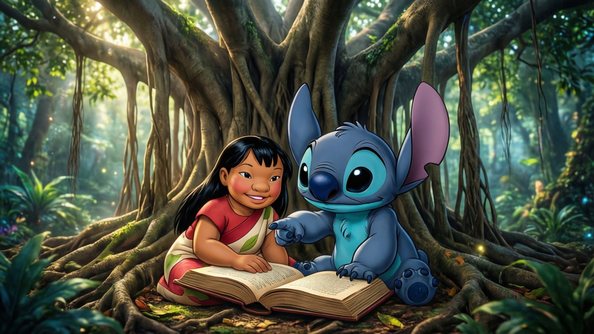 莉洛與史迪奇 桌布 壁紙 — Lilo 和 Stitch 一起坐在茂密叢林中的一棵巨樹下看書，陽光穿過樹葉灑落下來。
