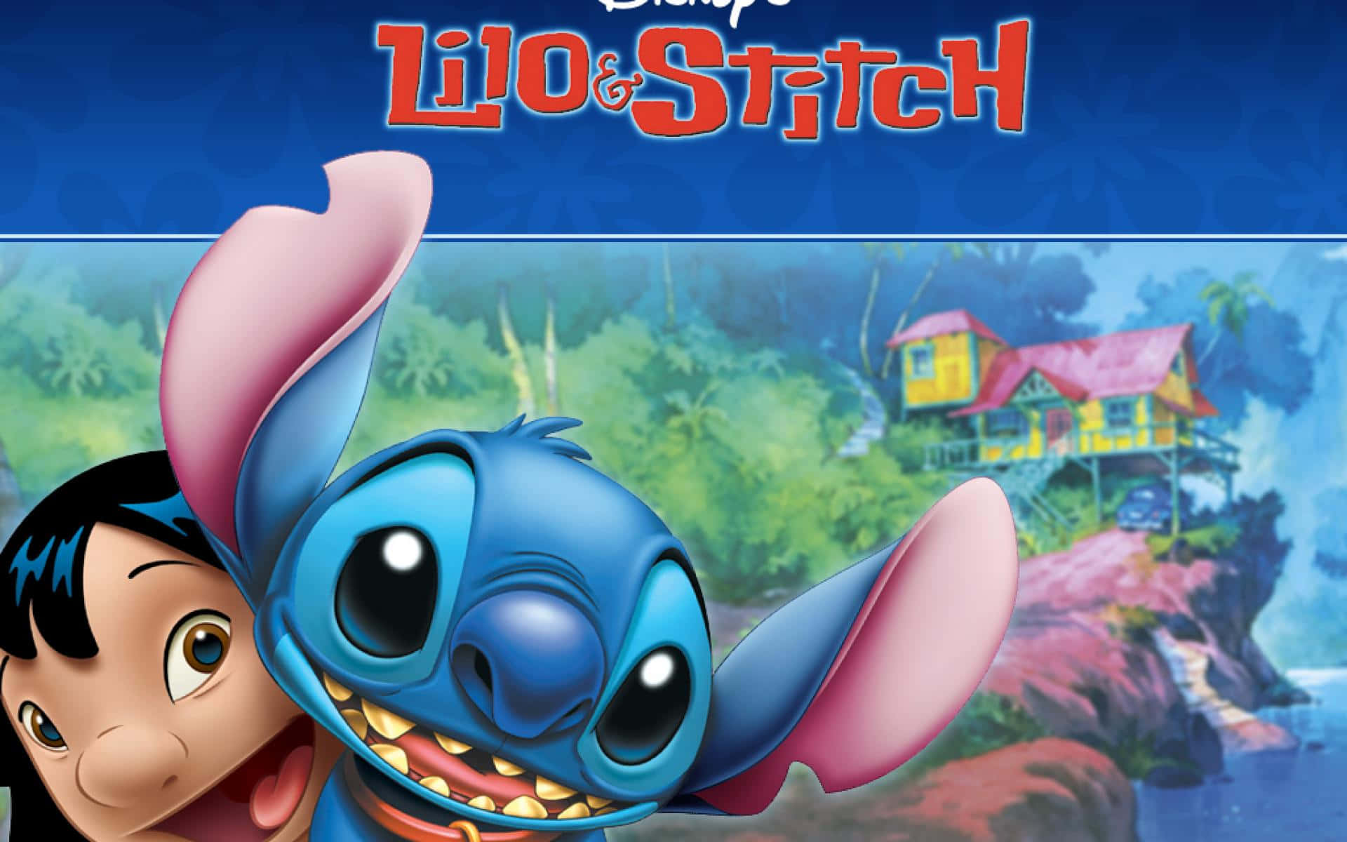 Cute Lilo And Stitch 桌布 壁紙 — Lilo 與 Stitch 喺熱帶懸崖上色彩繽紛嘅屋前面開心咁笑。